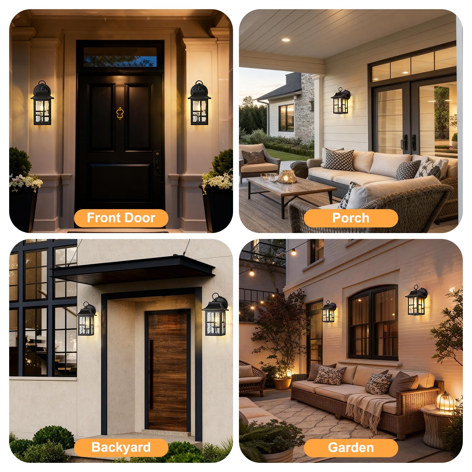 OKELI 2-Pack Outdoor Wall Lights, Aluminum Porch Light, Dusk to Dawn with Ripple Glass, Black & Gold-Trim, 11.4" Sconce, Model OK100-M2