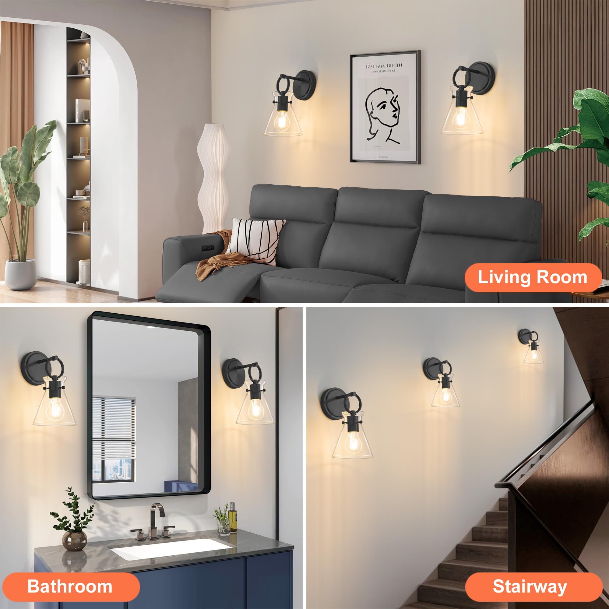 Gednbo Wall Sconce For Bathroom Modern Vanity Light Fixtures Hardwired Wall Mount Lighting Lamp Farmhouse Wall Lights With 6 Clear Glass Shade For Bedroom Living Room Mirror Kitchen (Black  1 Pack)
