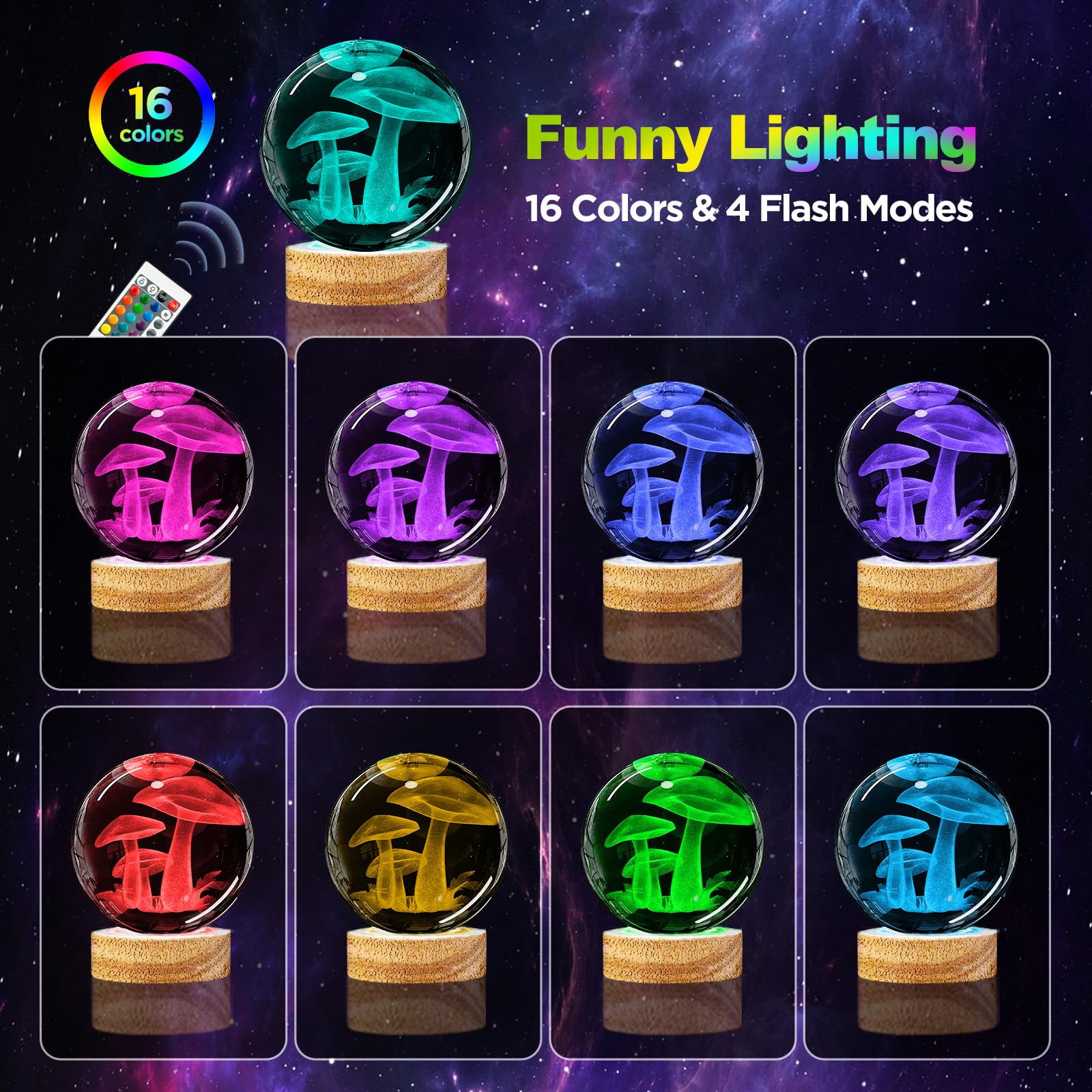3D Mushroom Crystal Ball Night Light 3.15 Inch Mushroom Glass Ball Lamp With 16 Color Changing Wooden Base And Remote Ideal Gift