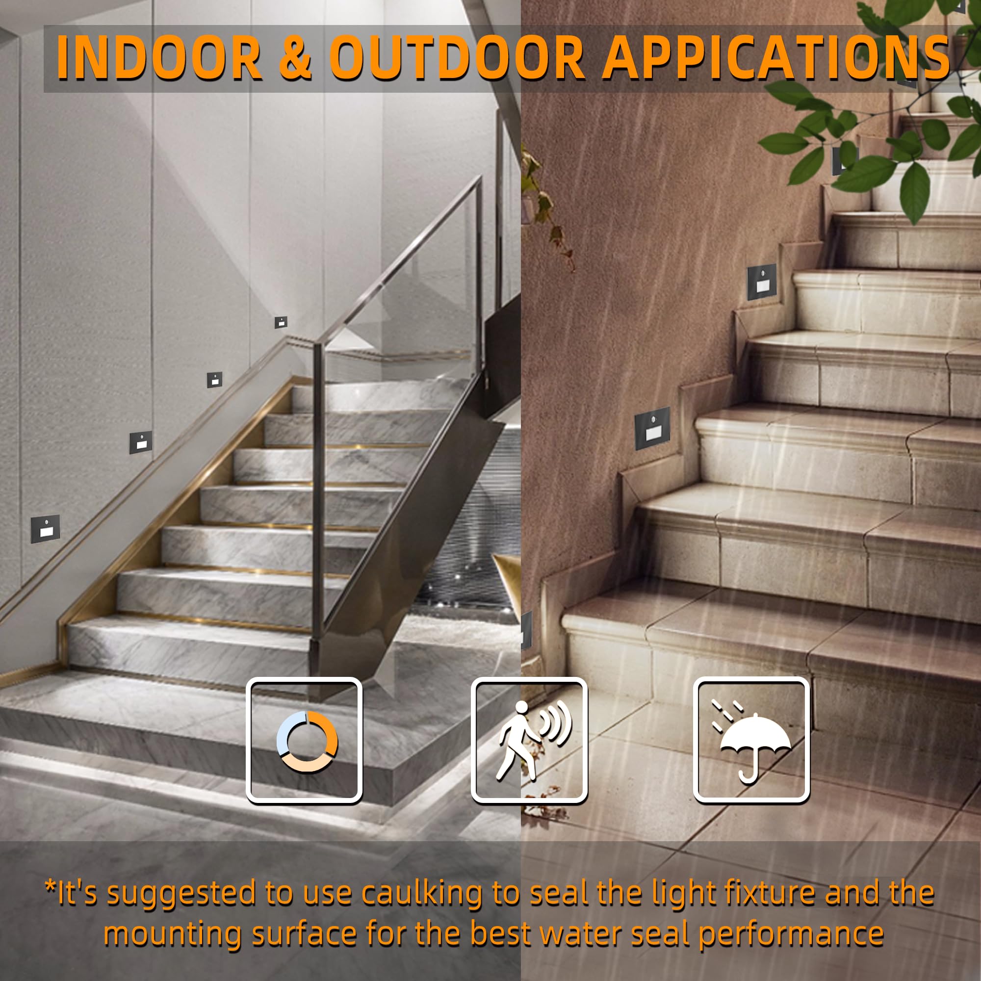 Jandov Motion Sensor Stair Lights 8 Pack, Dimmable 3000K/4000K/6000K, Hardwired 120V, Waterproof, Black, Model JV-Outdoor