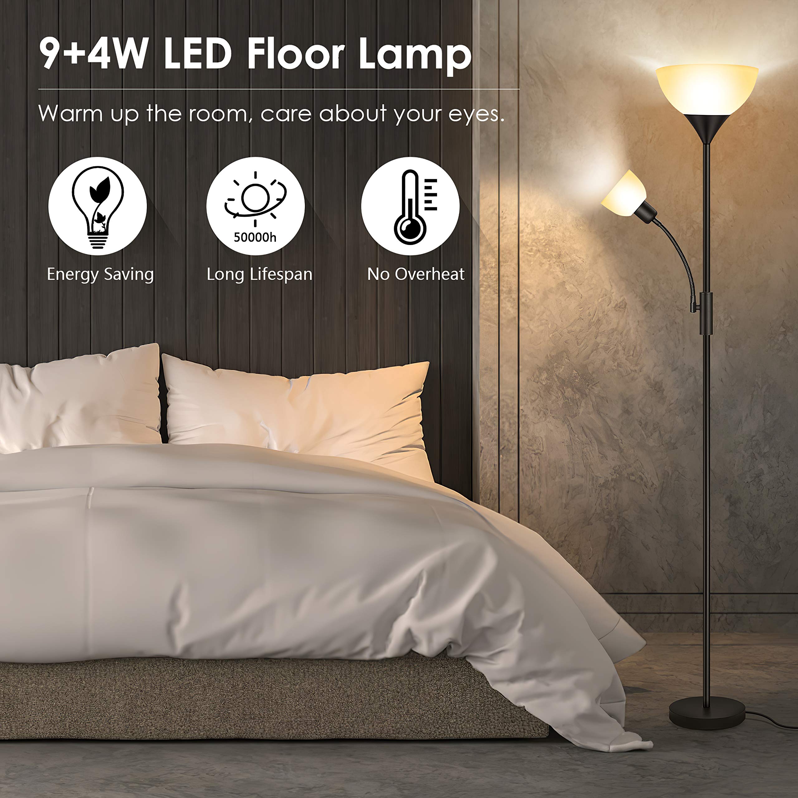 BoostArea Floor Lamp, Torchiere with Adjustable Reading Lamp, 71in Tall, Metal, Black, Model HD002ZMH