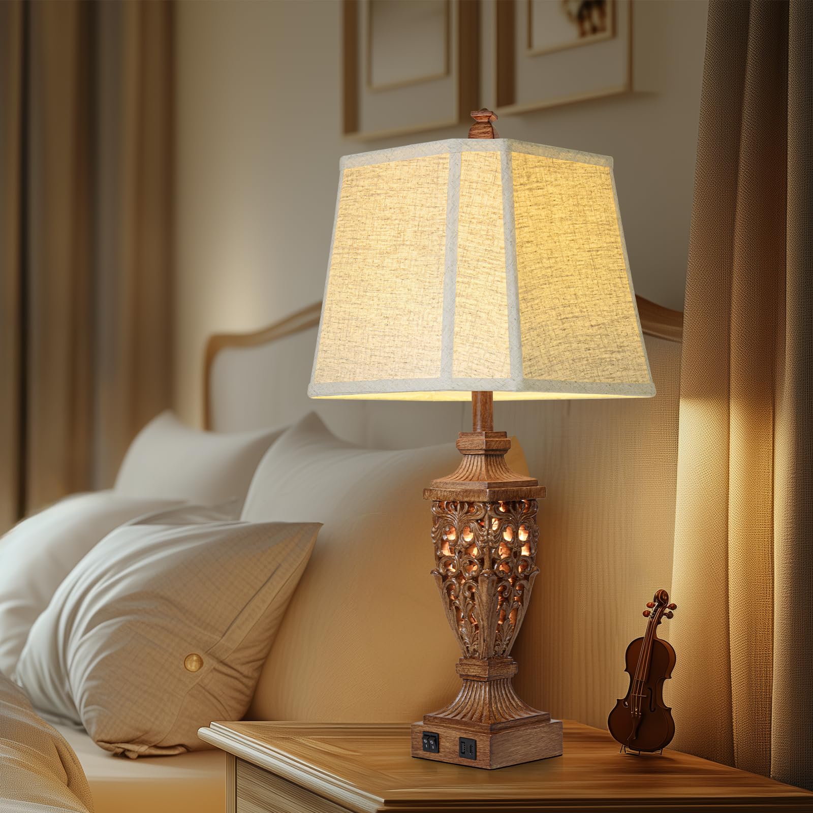 28.5'' Vintage Brown Table Lamps Set Of 2 With Night Light,Lamps For Living Room With Beige Linen Cut Corner Shade,Nightstands L