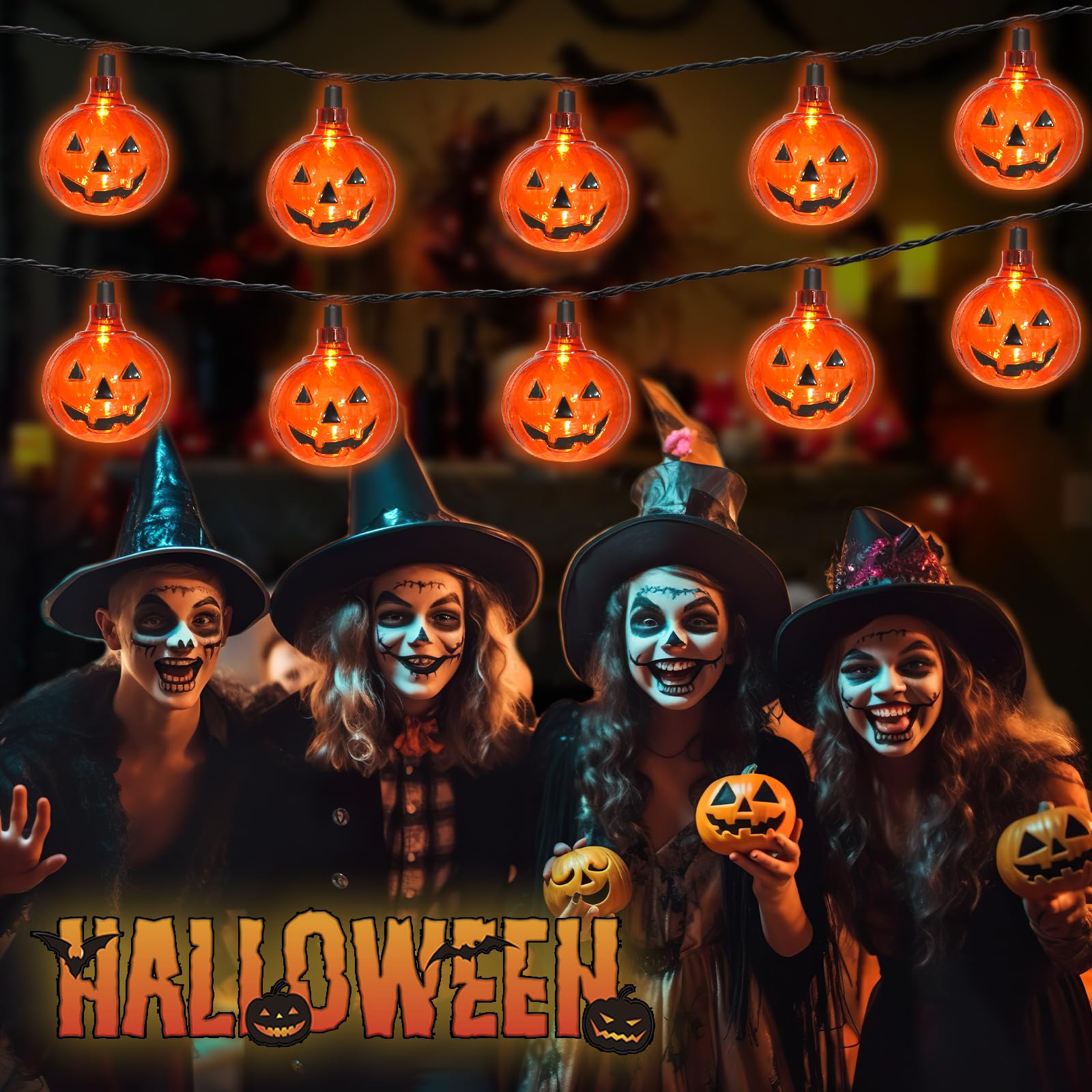 SUNSGNE Halloween Pumpkin LED String Lights, 8.5Ft Waterproof, 10 Jack O Lanterns, Outdoor Indoor, Orange, Model LR-LED-L-10E/1F-D22