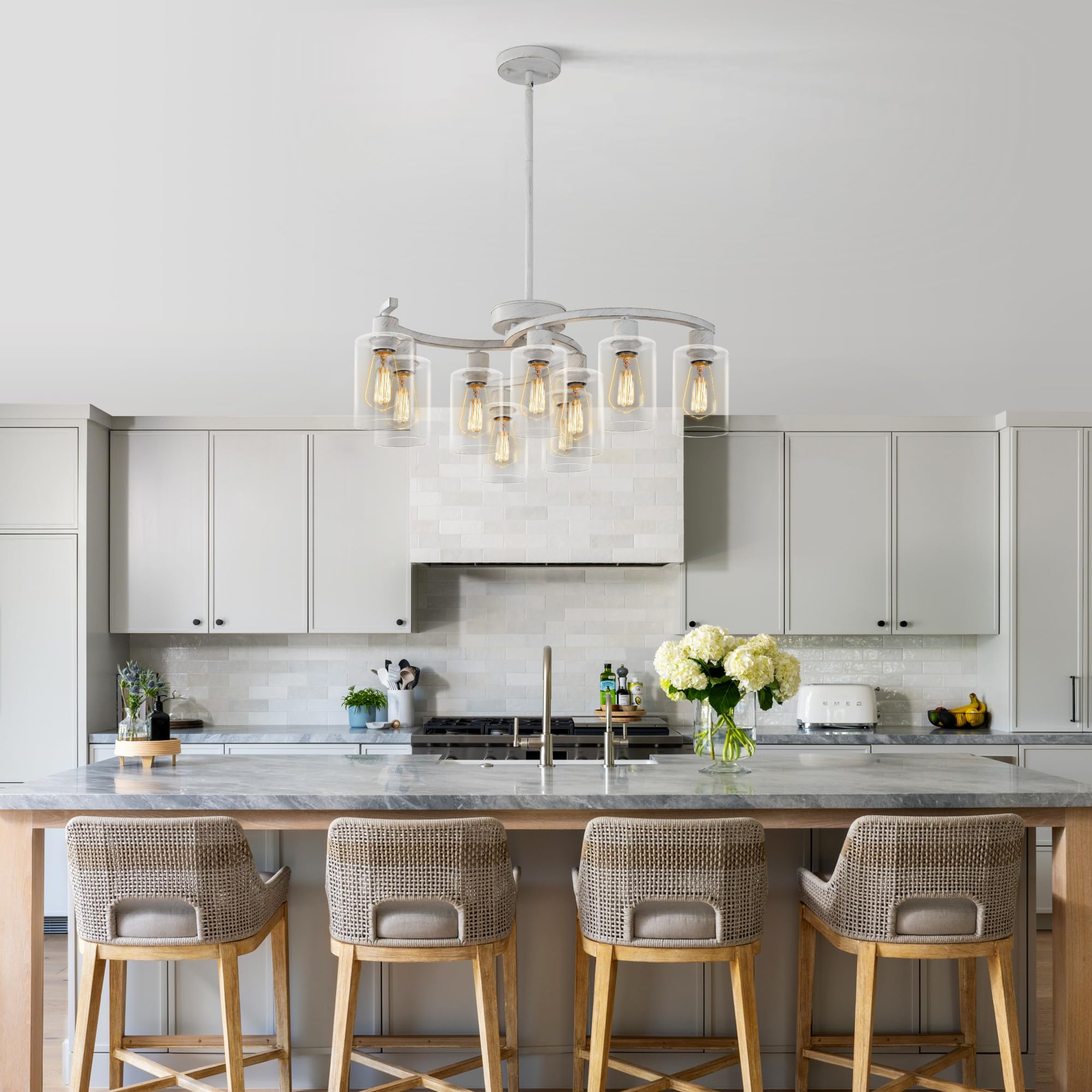 Cnratye 9-Light Antique White Chandelier With Clear Glass Shade, French Country Chandeliers For Dining Room, Adjustable Height H