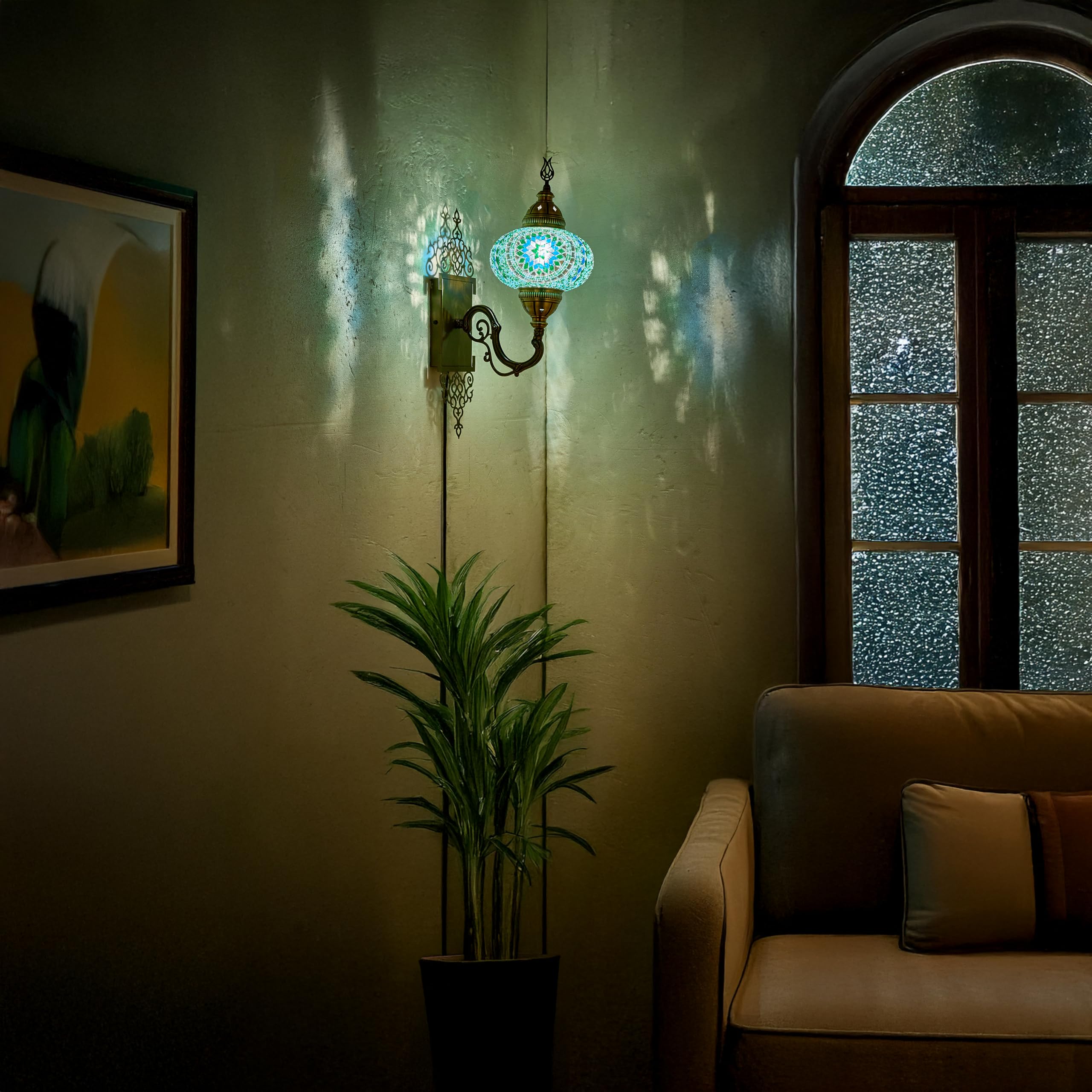 DEMMEX Turkish Moroccan Mosaic Wall Sconce Lamp, Handmade Glass, Brass Base, 15x5in, Teal-Turquoise