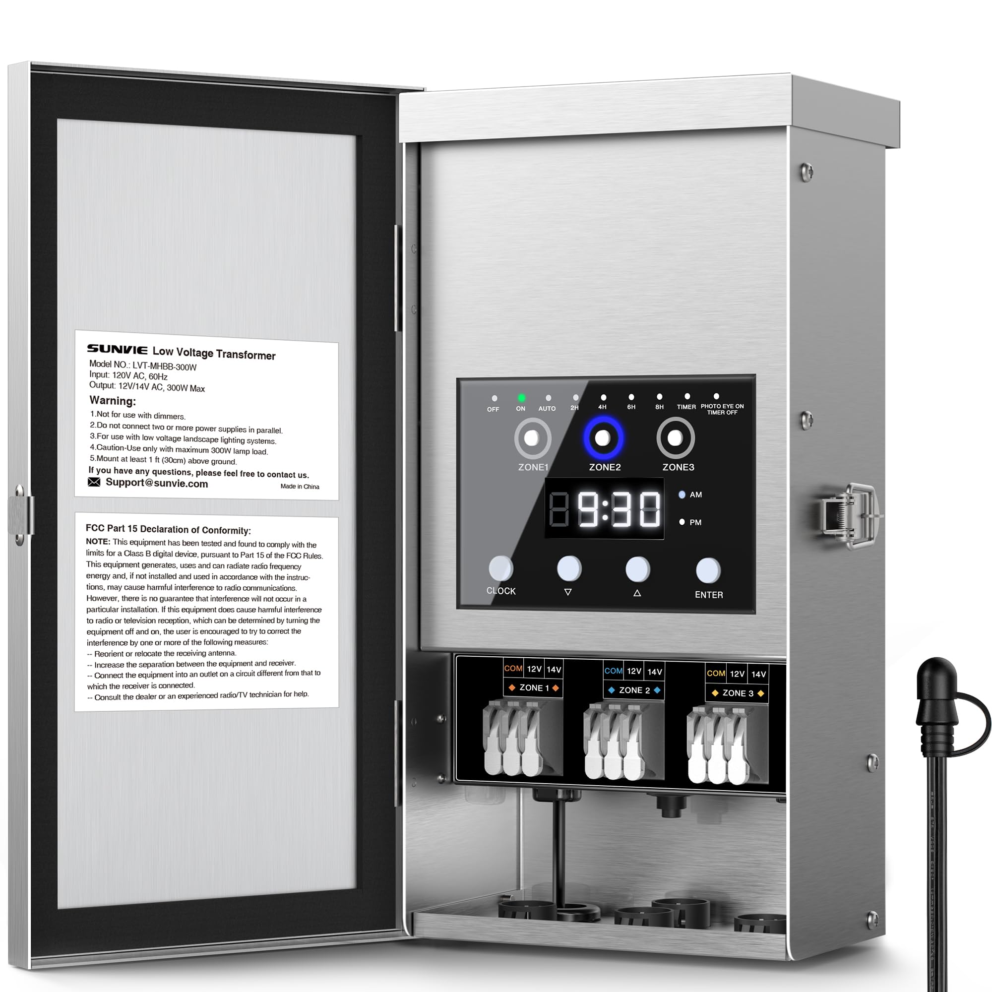 SUNVIE 300W Low Voltage Landscape Transformer 3 Zones Landscape Lighting Transformer with Timer & Photocell Sensor Waterproof Lo