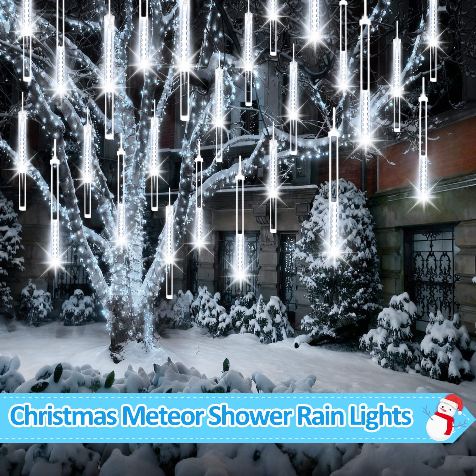 2-Pack Christmas Lights Outdoor  16Tubes 384Leds Extendable Meteor Shower Lights  Falling Rain Light Waterproof Plug In Tree Light For Christmas Backyard Garden Patio Xmas Decoration (Cool White)