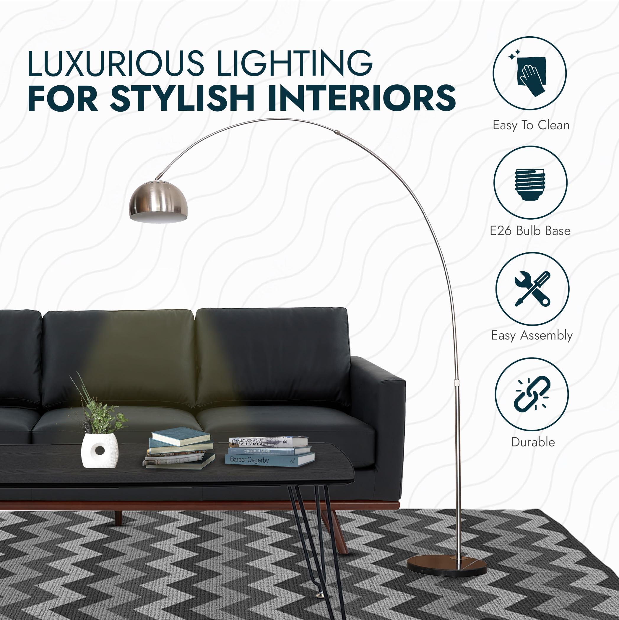 Leisuremod Arco Mid-Century Modern Arched Floor Lamp 75.6" Height With Black Round Marble Base And Metal Dome Lamp Shade For Living Room And Bedroom (Silver)