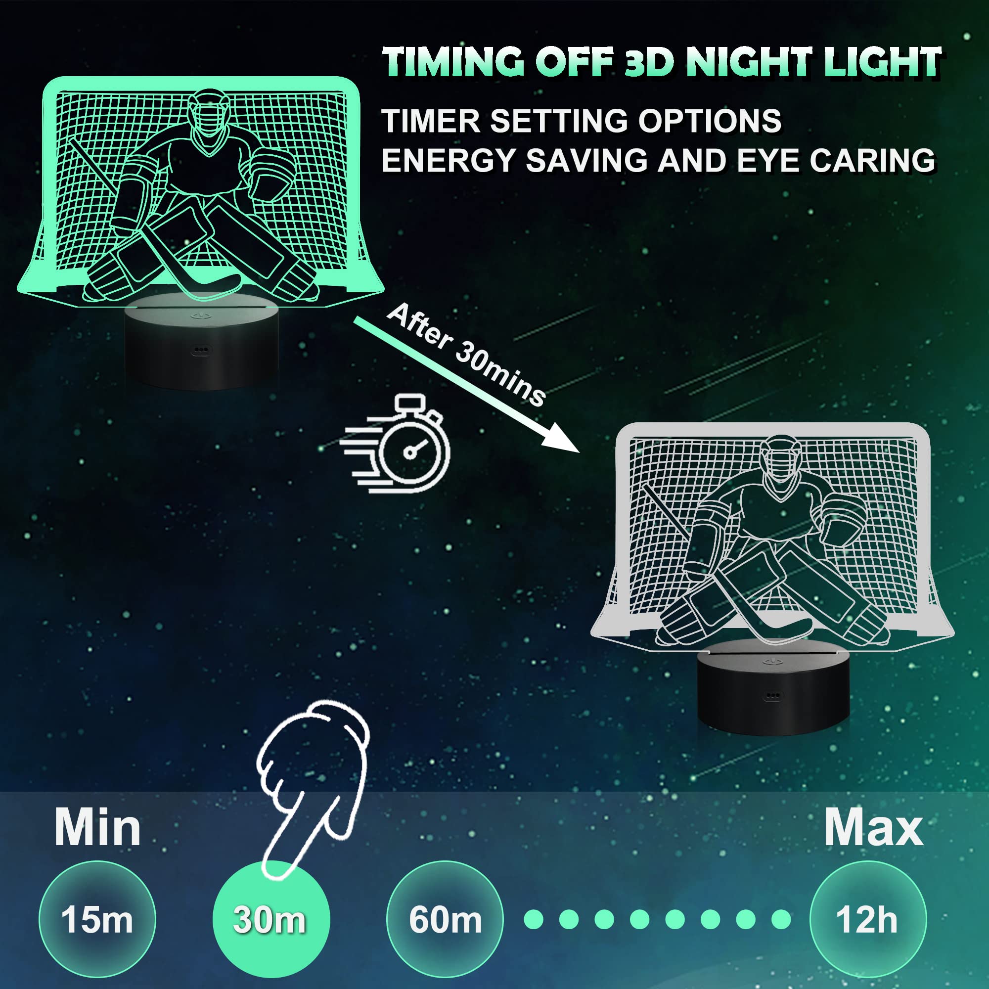 Ammonite Ice Hockey Night Light, Hockey Goalie 3D lamp 16 Color Changing with Remote Control and Timer, Mens Ice Hockey Decor Li