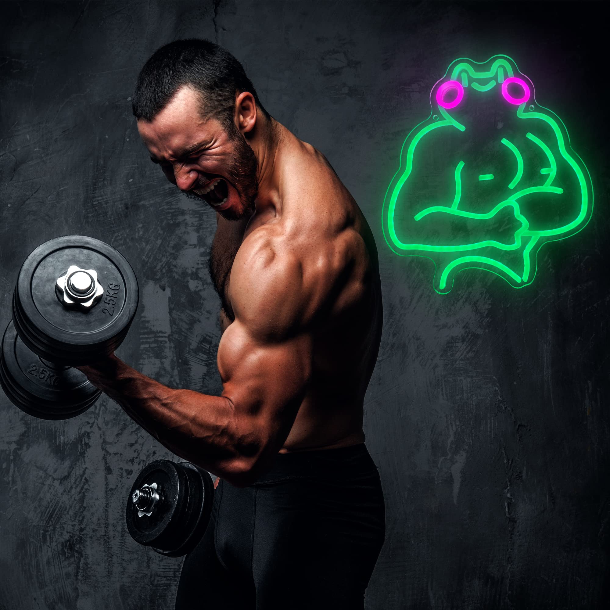 manimo Fitness Frog Neon Sign - LED Wall Art, 11.8x13 Inch, USB Powered, Blue/Pink/Yellow, Motivational Gym Decor