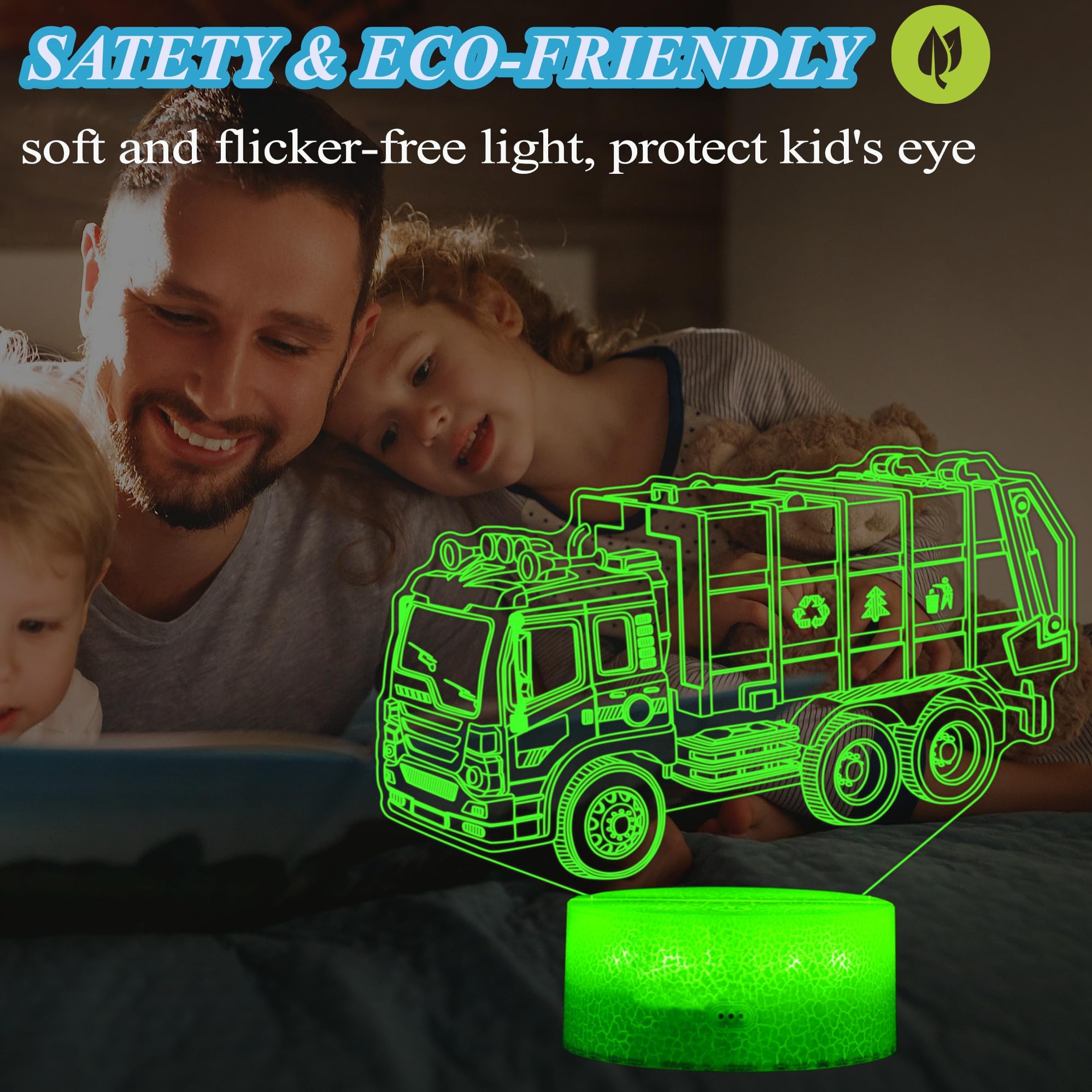 POSSHE 3D Garbage Truck Night Light with Remote Control, 16 Colors, Kids Room Decoration, Model MY-3D LAMP-CRACK