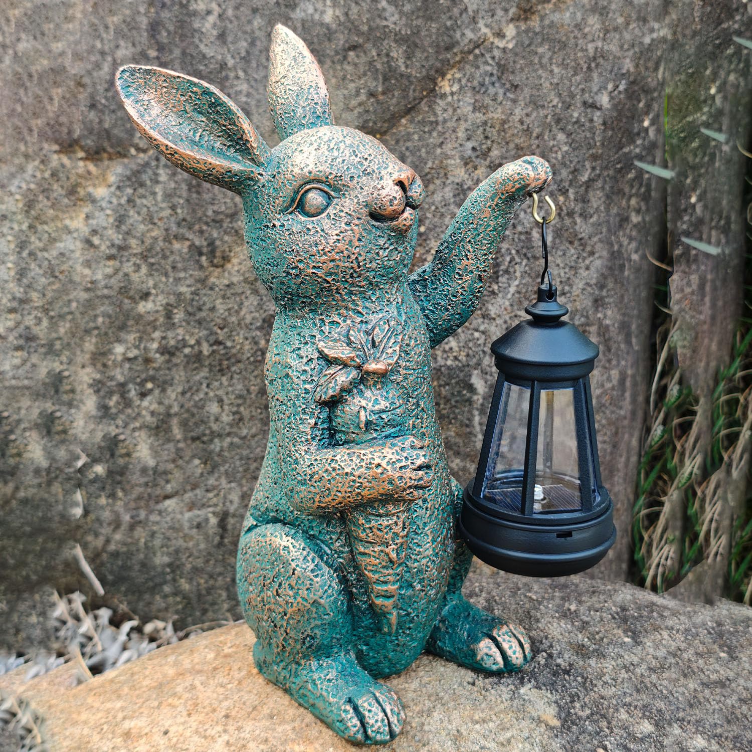 Solar Garden Statues -Rabbit Lantern Outdoor Handmade Resin Statue With Led Light  Cute Carrot Holder For Patio  Yard  Gift Ideas (Rabbit2)