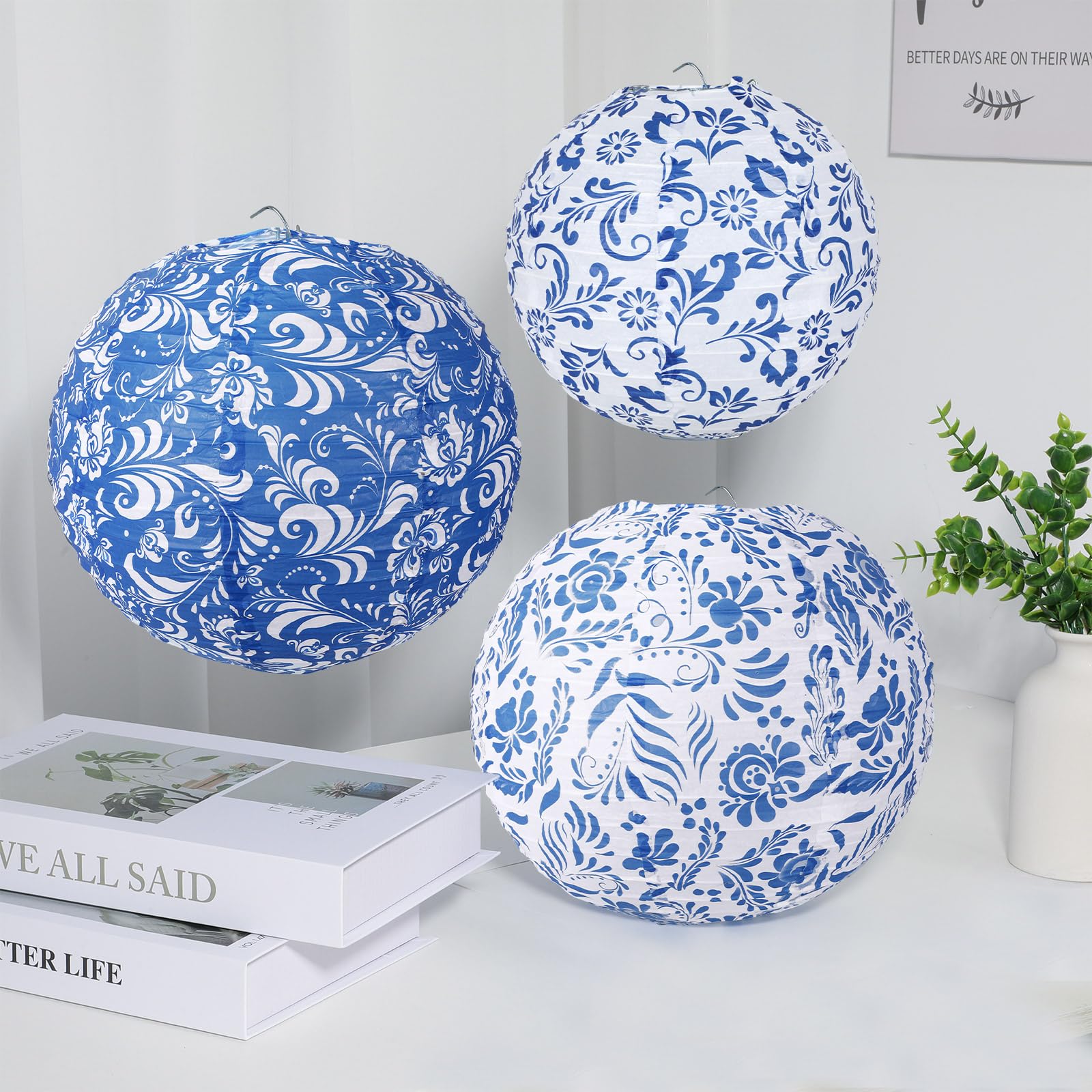 Lonfliness Chinoiserie Paper Lanterns, 15 Pcs, 10"/8", Blue & White, Hanging Decor for Birthday, Wedding, Baby Shower
