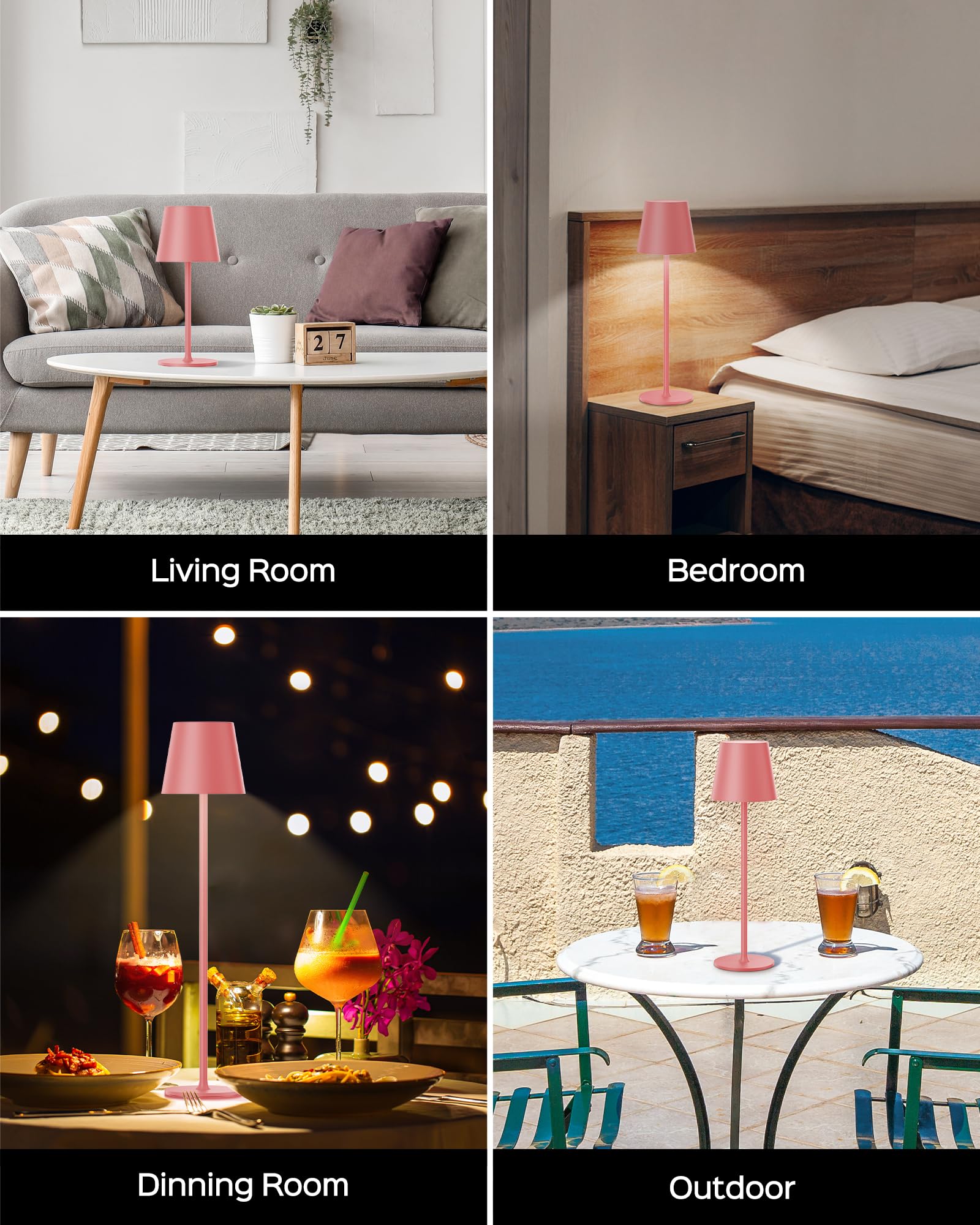 JACKYLED Cordless Table Lamps, 3 Adjustable Heights, Waterproof, 5000mAh Battery, 2 Pack, Girly Pink, Model JKTL02-7005409I