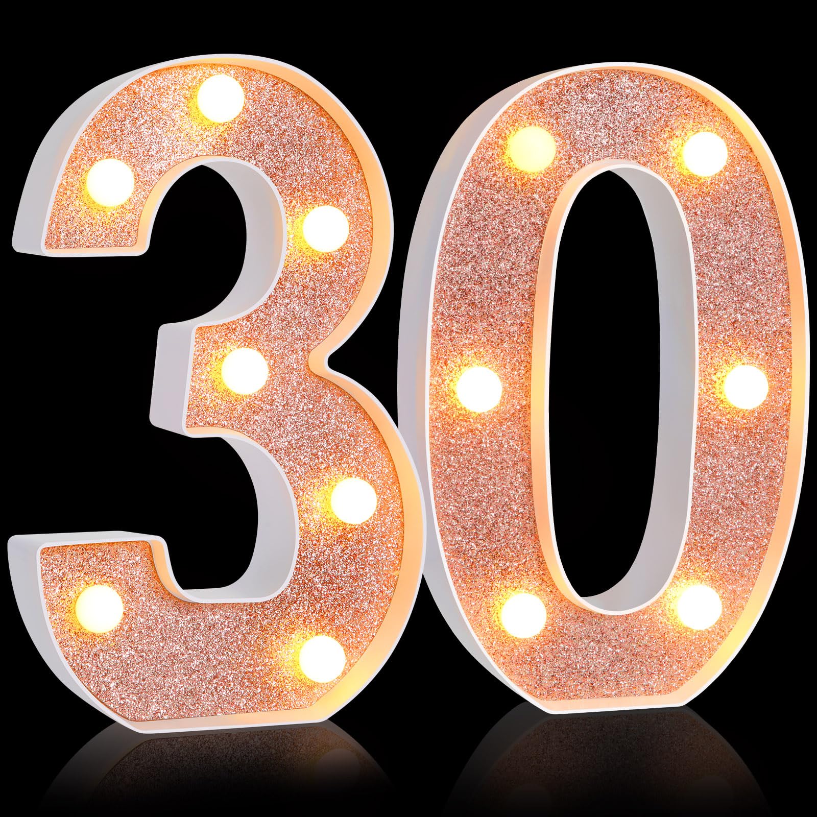 Treela LED Number Sign, 8.7in  Glitter Marquee for Birthday Party, 30th Size, Rose Gold, PP Material