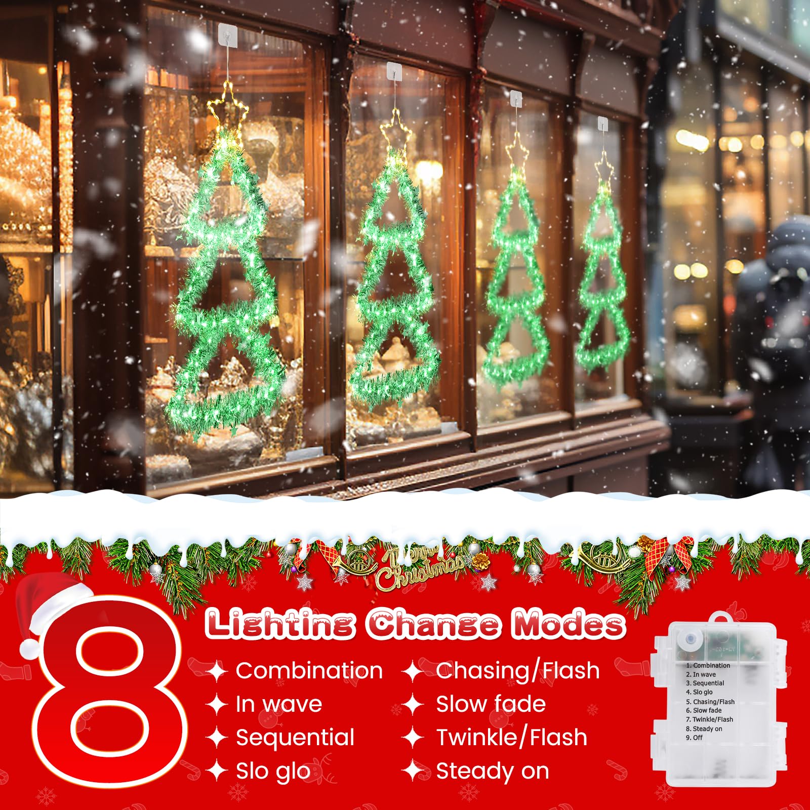 Elktry Led Christmas Decorations Lights, Green Lighted Christmas Tree With Silver Tinsel And Warm White Star Topper, Battery Operated Hanging Lights For Indoor Outdoor, Window Wall Door Home Decor