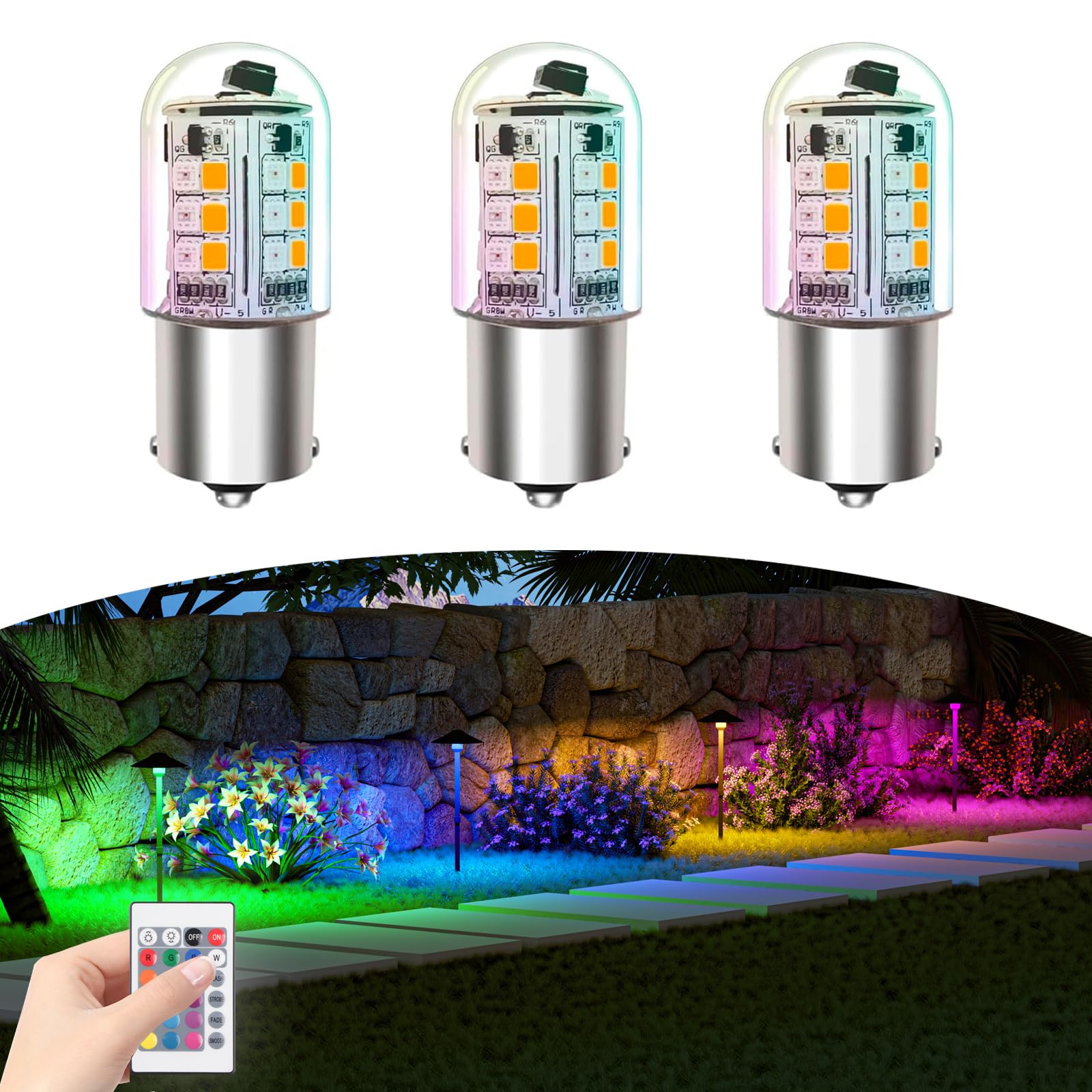 Makergroup Rgb Ba15S Led Bulbs 12V Color Changing  1141 1156 S8 Sc Bayonet Single Contact Base  Warm White+15 Multi-Colors And Dimmable  Weatherproof For Outdoor Low Voltage Landscape And Rv Lighting
