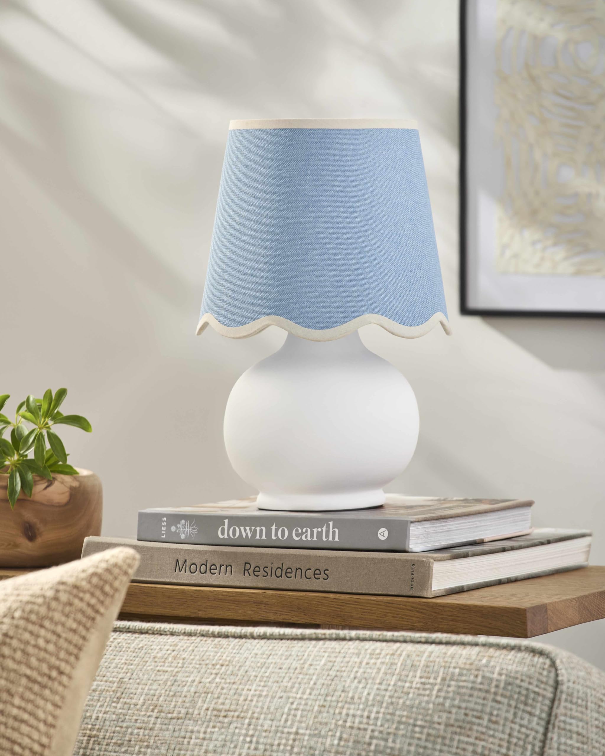 Boutiquerugs Theisseil Boho Ceramic Bedside Table Lamp For Bedroom Nightstand And Living Room - Shade Cotton - White, Cream, Blu