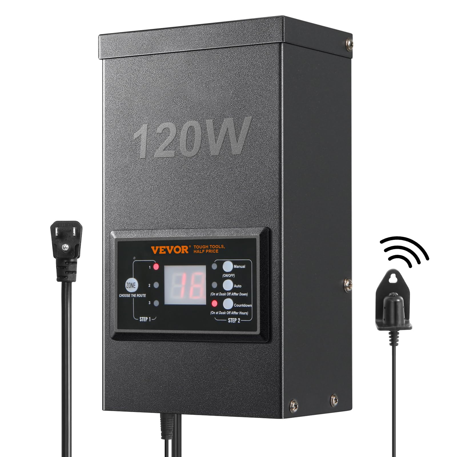 VEVOR 120W Low Voltage Landscape Transformer with Timer and Photocell Sensor, Waterproof Landscape Lighting Transformer, 120V AC to 12V AC for Outdoor, Spotlight, Pathway Light, Pool Light, ETL.