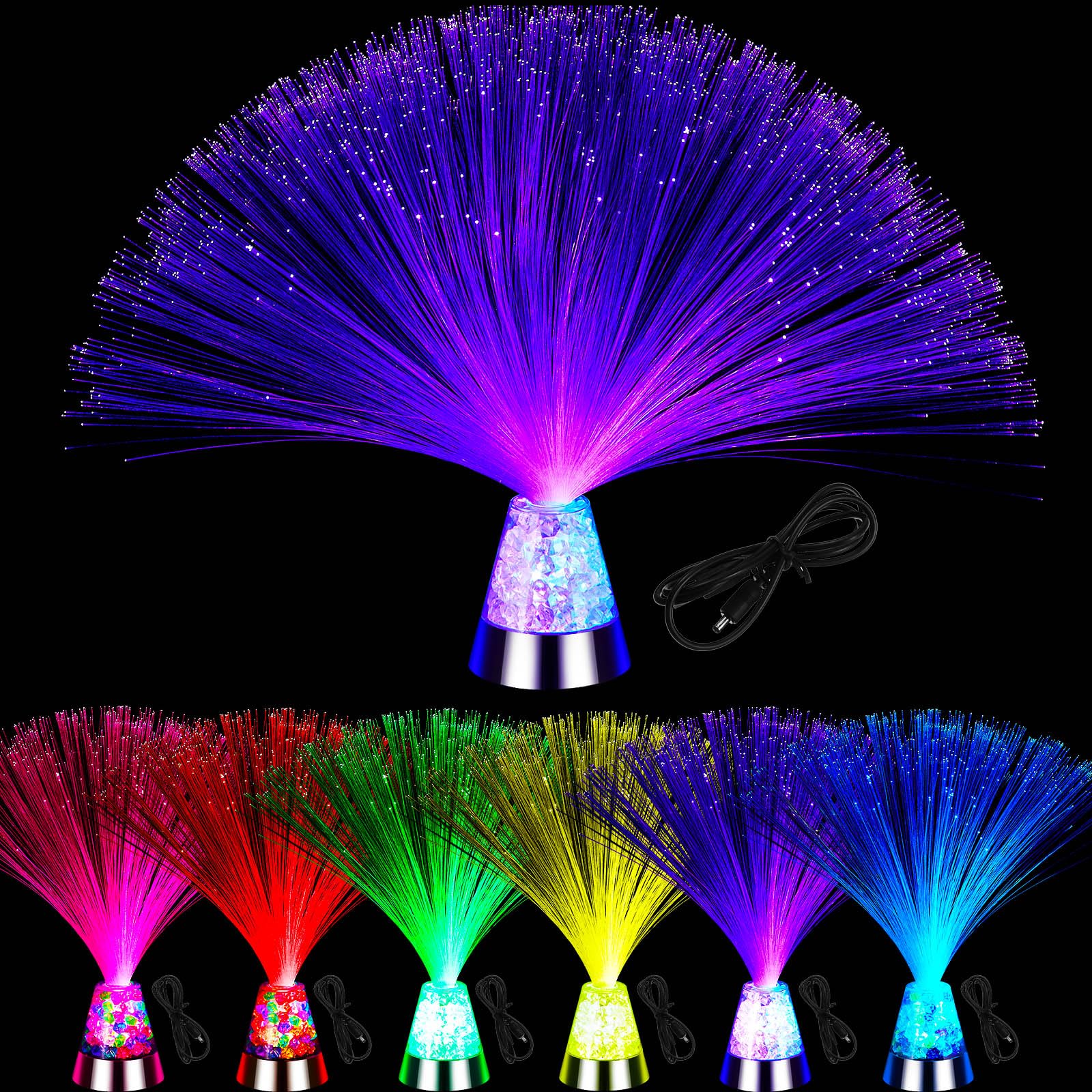 Retisee 6 Pieces Fiber Optic Lamp with Crystal Base 14inch Multicolored Sensory Lights Centerpiece Changing USB Battery Powered 