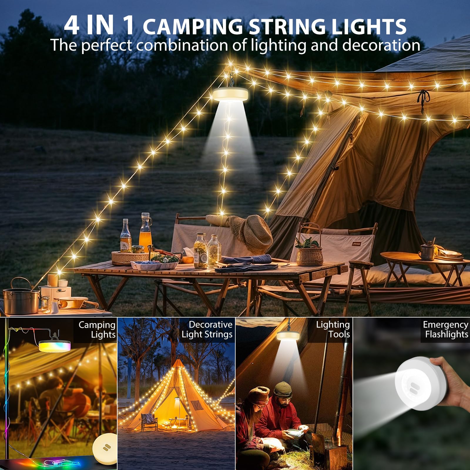 2Pack Camping String Lights, 4 in 1 Quick Storage 32.8FT Rechargeable Tent Lights with 9 Modes Hanging Waterproof Camp Lamp Camp