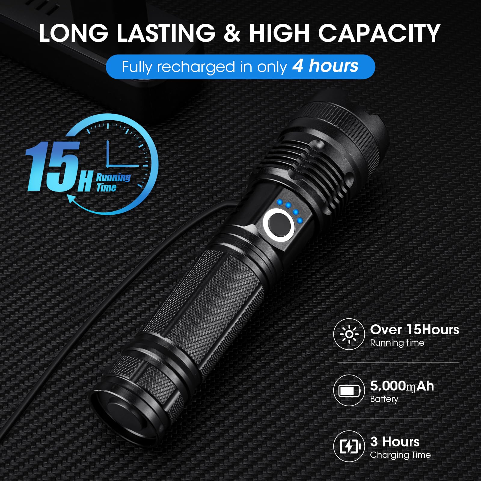 ALSTU Rechargeable Flashlight 99,000LM LED - Waterproof Handheld Light, 5 Modes, Aluminum, Model M082, Black, L-3P (3 Pack)