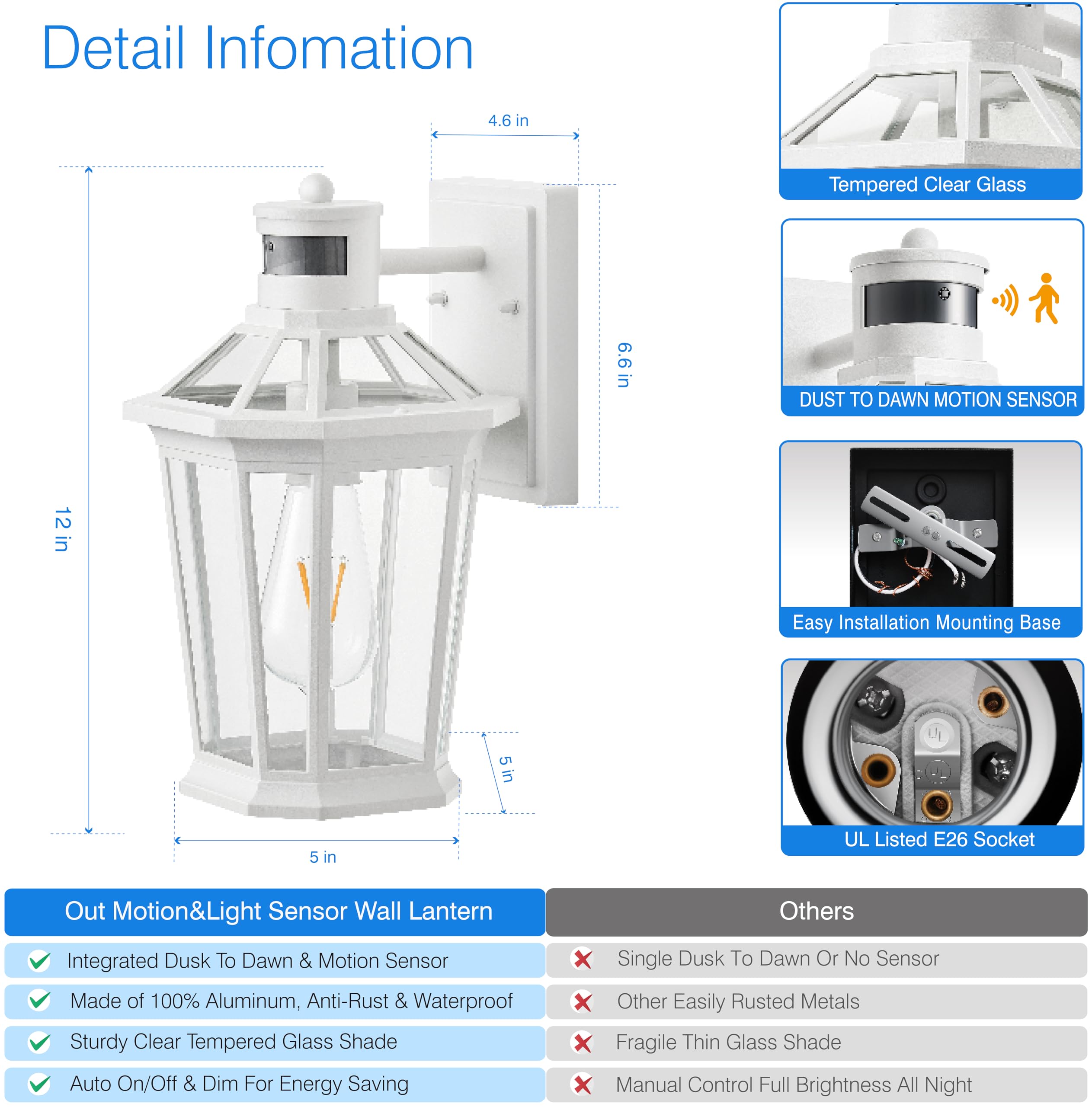 VIANIS Motion Sensor Outdoor Light Fixture, Waterproof Dusk to Dawn, Aluminum, 1-Pack, White, Model V81091W