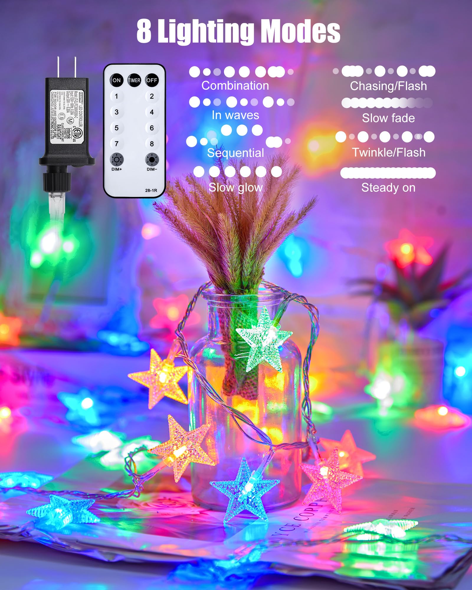 Minetom Star String Lights - 200 LED Fairy Lights with Remote, 8 Modes, Waterproof, 66ft, Multicolor