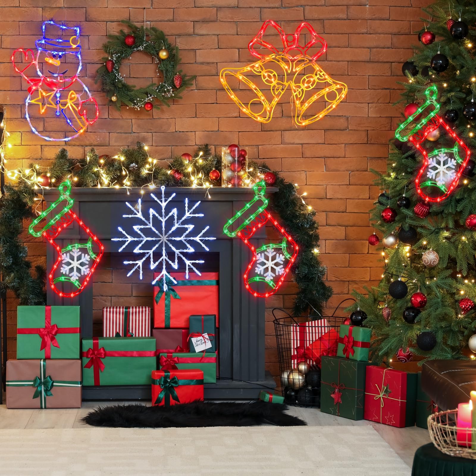 16 Christmas Window Silhouette Lights - 6 Pack Colour Lighted Snowflake  Gift Box  Christmas Tree  Christmas Stocking  Snowman  Candy Cane For Holiday Indoor And Outdoor Wall Door Window Decorate