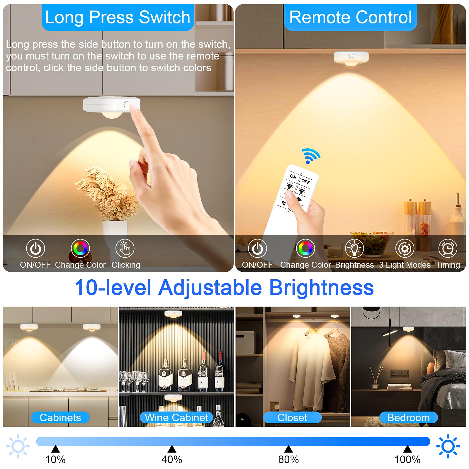 Puck Lights With Remote Control, Under Cabinet Lights Rechargeable, 1500Mah Battery,3 Color Temperatures, Dimmable Stick-On Ligh