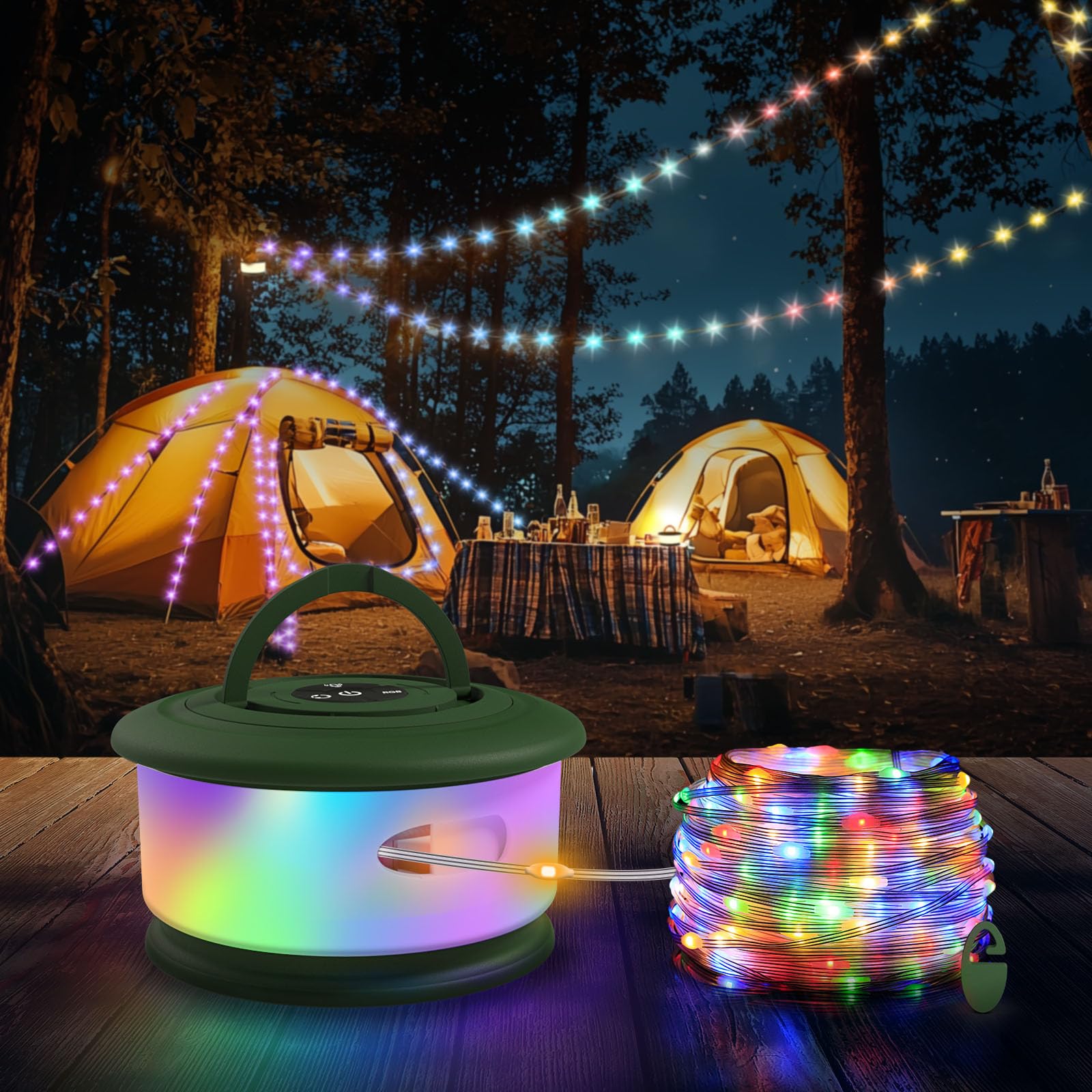 TOHETO Camping String Lights, 3-in-1 RGB Outdoor Lantern, 19 Modes, 32.8 FT, Rechargeable, Green, Model JSK-L26