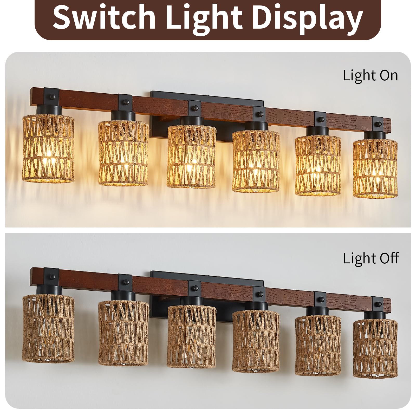 Aixialin 6 Light Bathroom Vanity Light Fixtures, Rustic Style Farmhouse Wood Bathroom Wall Sconce, Handmade Bamboo Woven Boho Wi