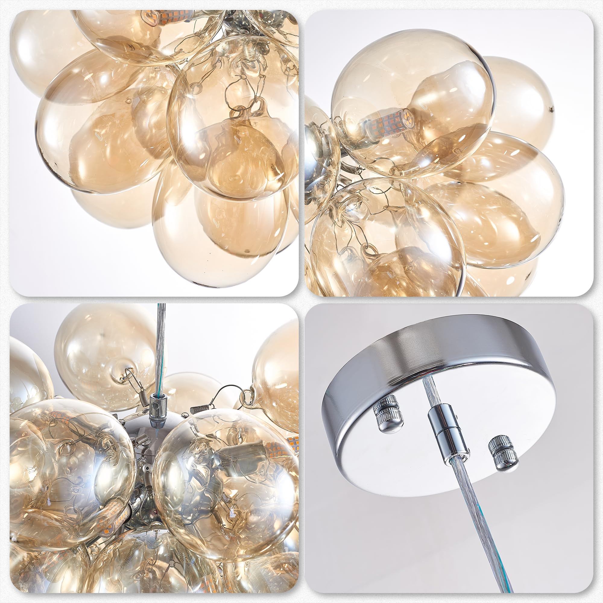 Longree Champagne Bubble Ball Chandelier, Dia 20 Inch Blown Glass Small Ballon Glass Pendant Light Fixture For Bedroom Study Bat
