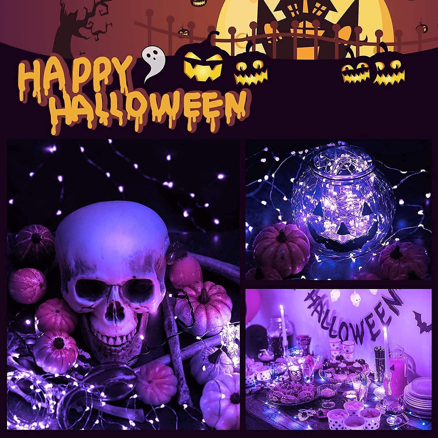 JMEXSUSS Solar Fairy Lights 100 LED 33ft Copper Wire Purple 4 Pack Waterproof 8 Modes for Halloween Christmas Garden Decor