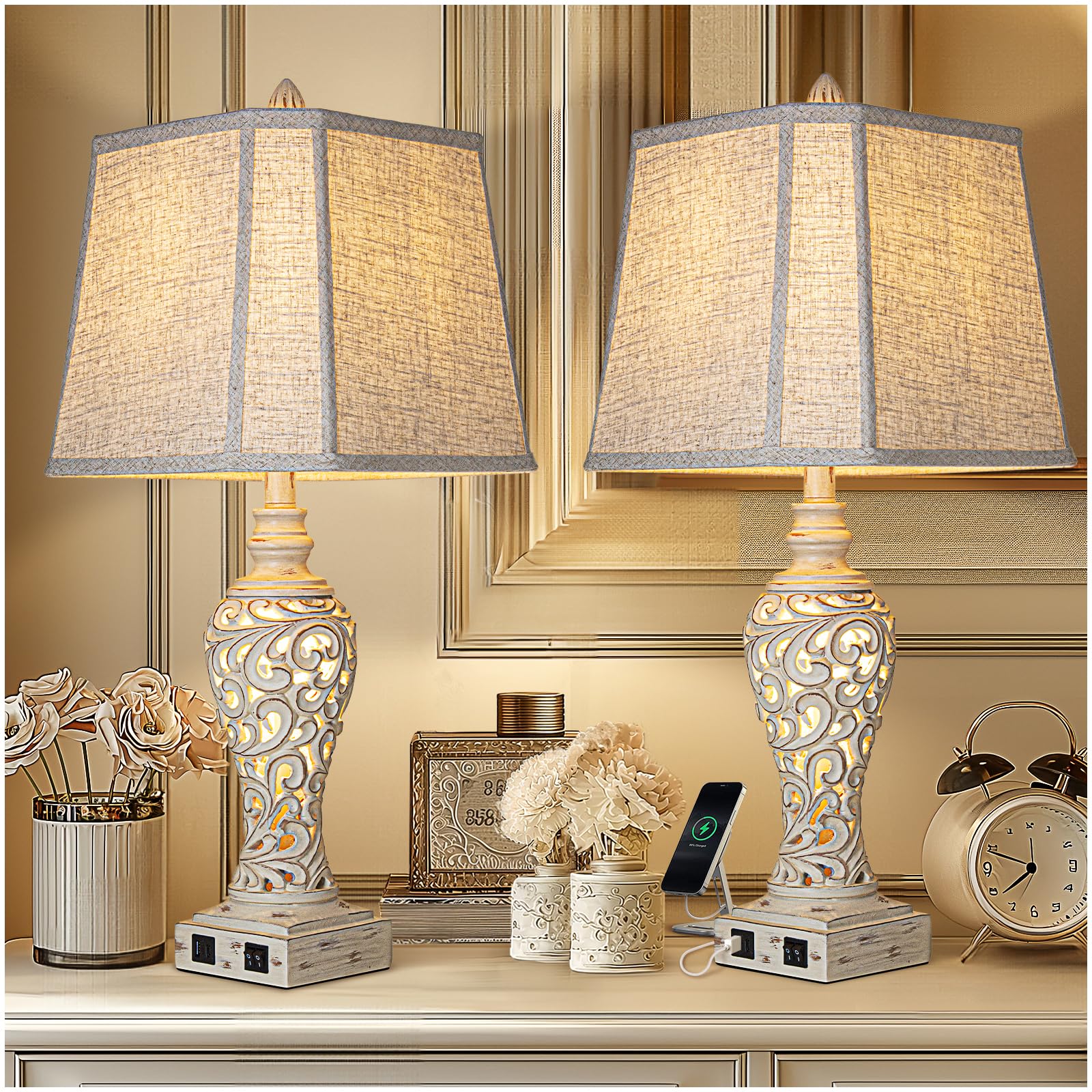 LuxSight Collection Table Lamps Set of 2 - Bedside Lamp with Fabric Shades - for Bedroom and Living Room with USB and Nightlight