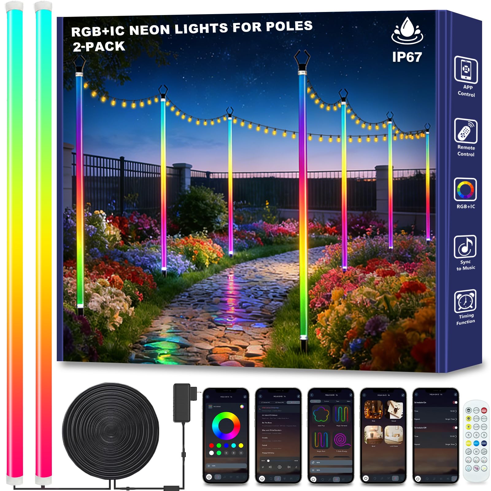 AILBTON 2-Pack 6.6FT RGB+IC Neon Ambient Light for Poles Outdoor Clip-on Chasing Effect Lighting  Waterproof Neon Atmosphere Lights for Patio Outdoor Living Camping Party