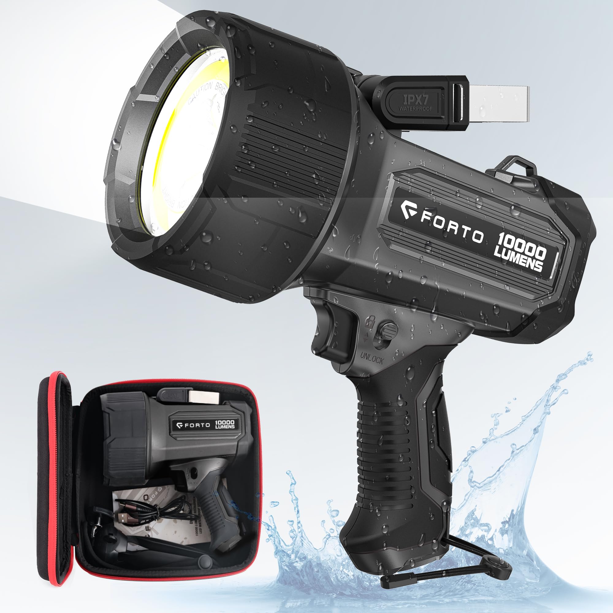 FORTO Rechargeable Spotlight 10000 Lumen Ultra Bright IPX7 Waterproof Flashlight, Boat Spotlight with EVA Carrying Case Tripod,