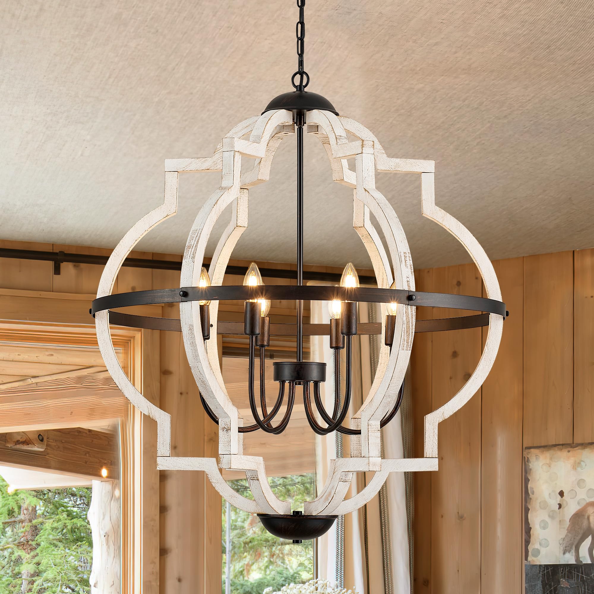 Tacdandm 31.5'' 8-Light Farmhouse Chandelier For Dining Room Vintage Rustic White Wood Pendant Light Fixtures Globe Hanging Ceiling Lighting For Hallway Entry