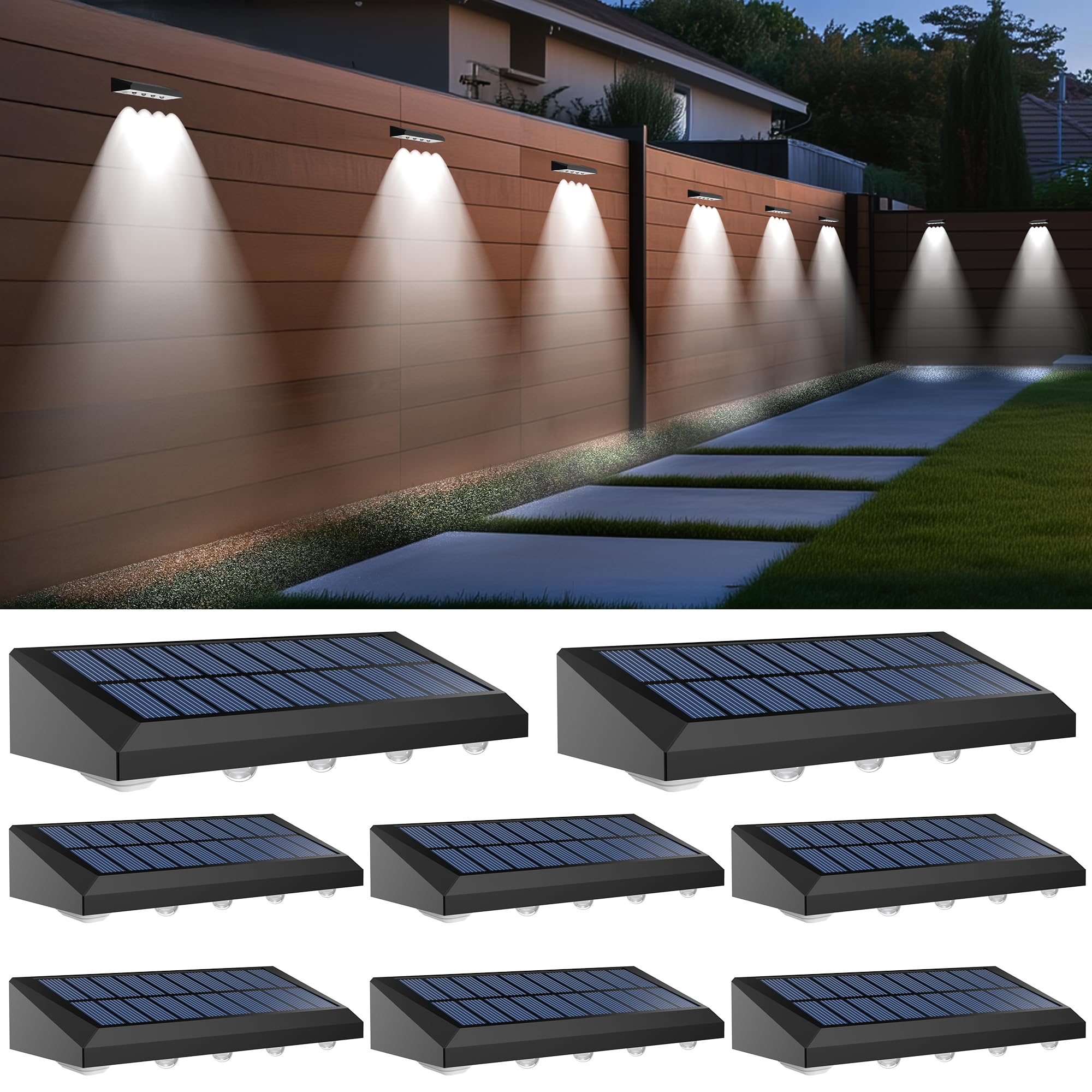 Solar Fence Lights Outdoor Waterproof IP65  8 Pack Fence Lights Solar Powered 60 Lumens Auto On/Off Step Wall Lights Outside Decorations for Yard  Porch  Patio  Stairs  Pool  Deck  Garden-White Light