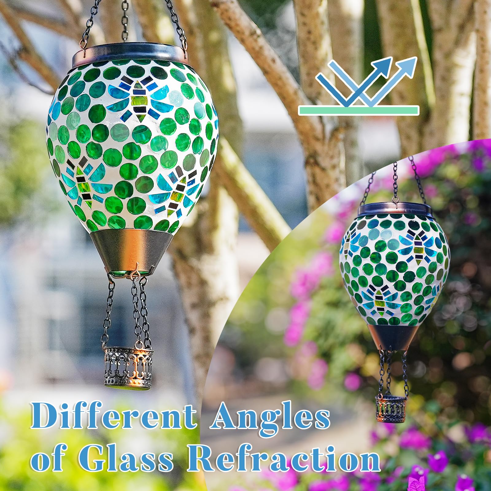 DREAMSKIP Solar Hot Air Balloon Lantern - Green Mosaic Glass, Waterproof Hanging Light for Patio & Garden, Model 49120507