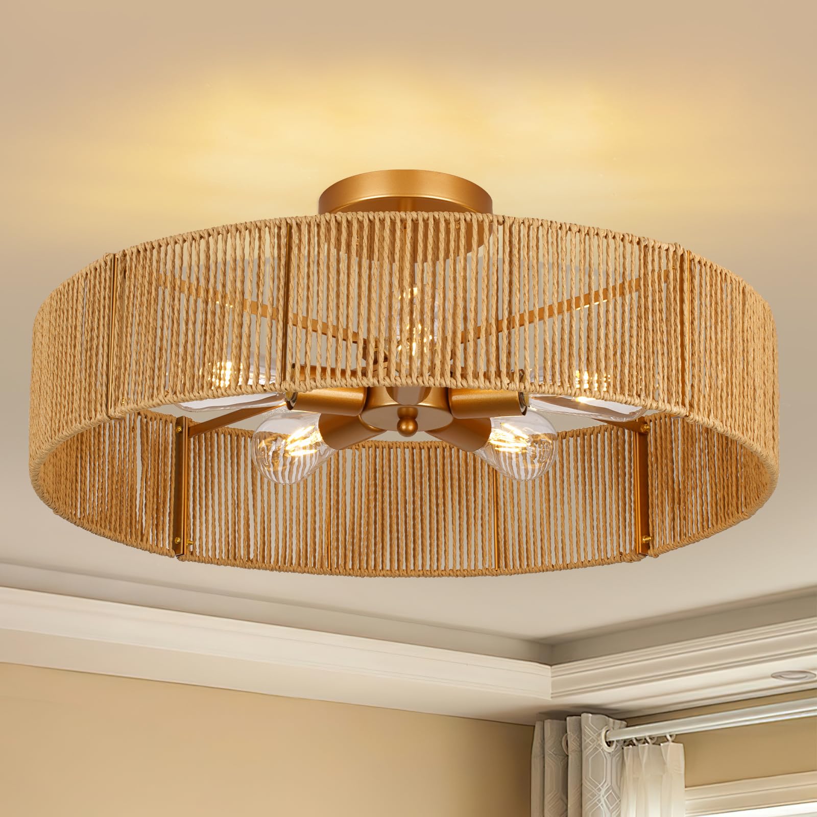 CLARSYNE 24in Rattan Flush Mount Ceiling Light Fixture, 5-Light Gold Boho Chandelier, Model CL-LG-009, Pattern A