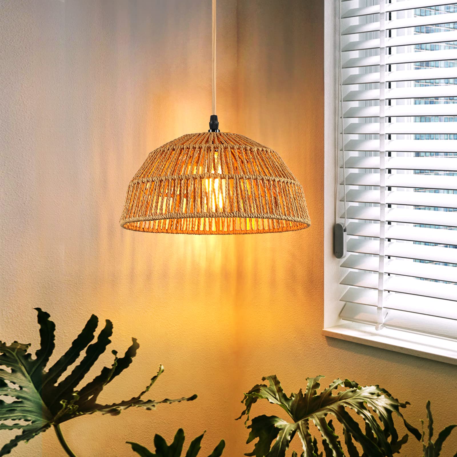 Plug in Pendant Light, Hanging Lights with 15ft Golden Cotton Cord & Stepless Dimming Switch, Handwoven Hemp Rope Lampshade, Boh