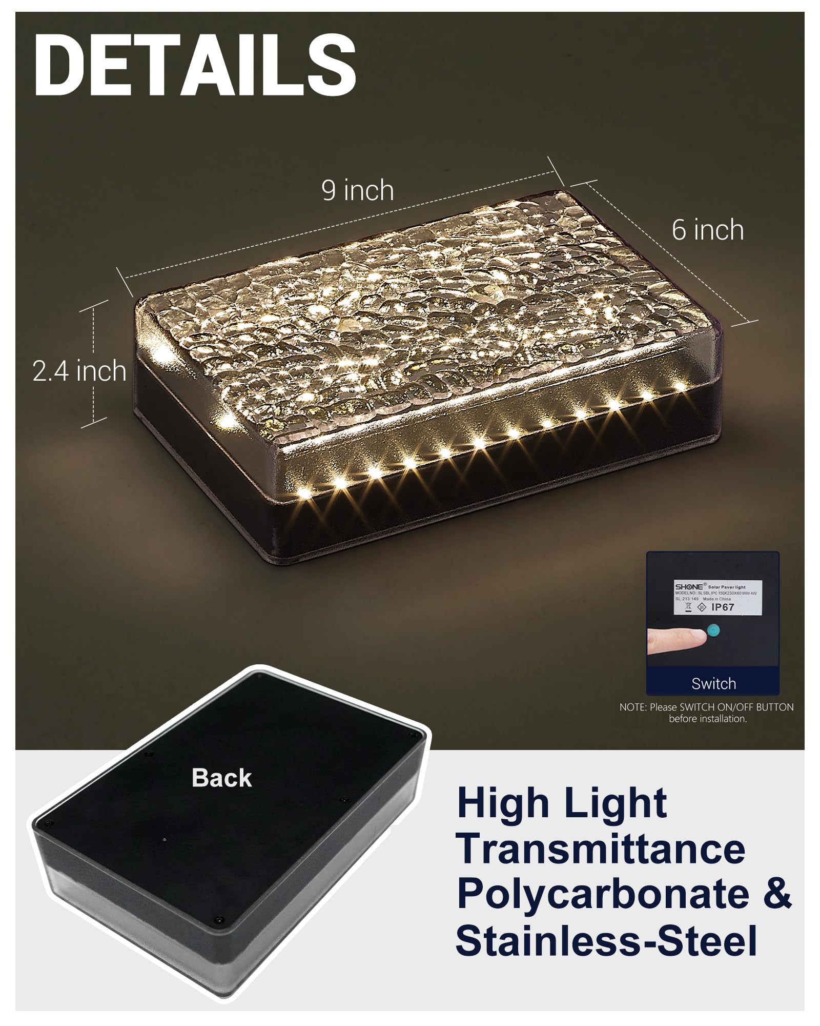 SHONELIGHTING Solar Paver Outdoor Lights, 6 Pack, IP67 Waterproof, Warm White, Recessed Brick Light for Garden, Driveway, Pool
