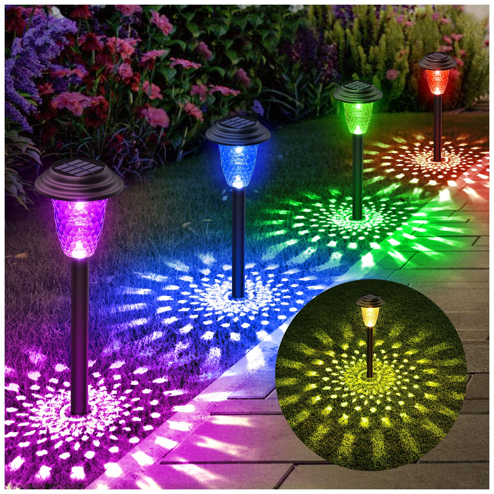 Ensli 8 Pack Solar Pathway Lights - Color Changing & Warm White, Waterproof Garden Lights