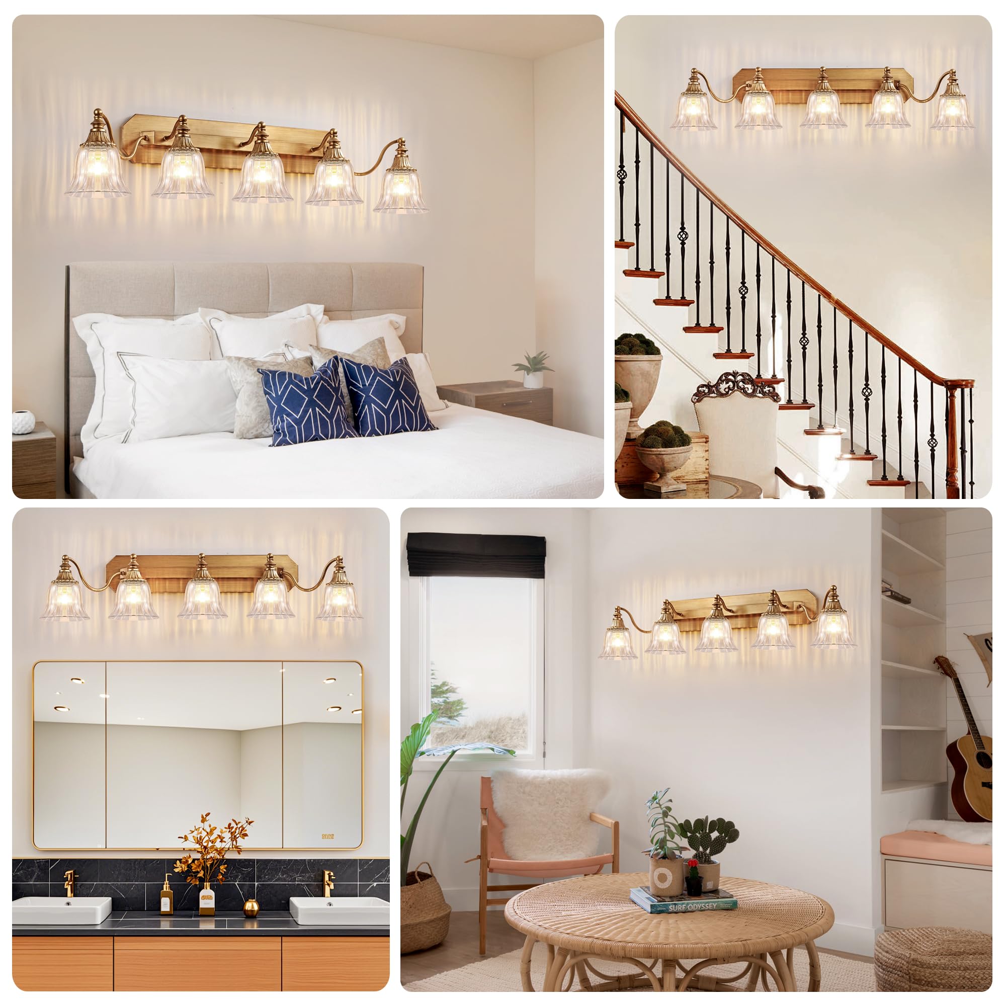 Dvmteom Gold Vintage Bathroom Light Fixtures  5-Lights Bathroom Vanity Light  Antique Brushed Gold Lighting Fixtures Over Mirror With Crystal Glass Shade  Wall Sconce Lighting