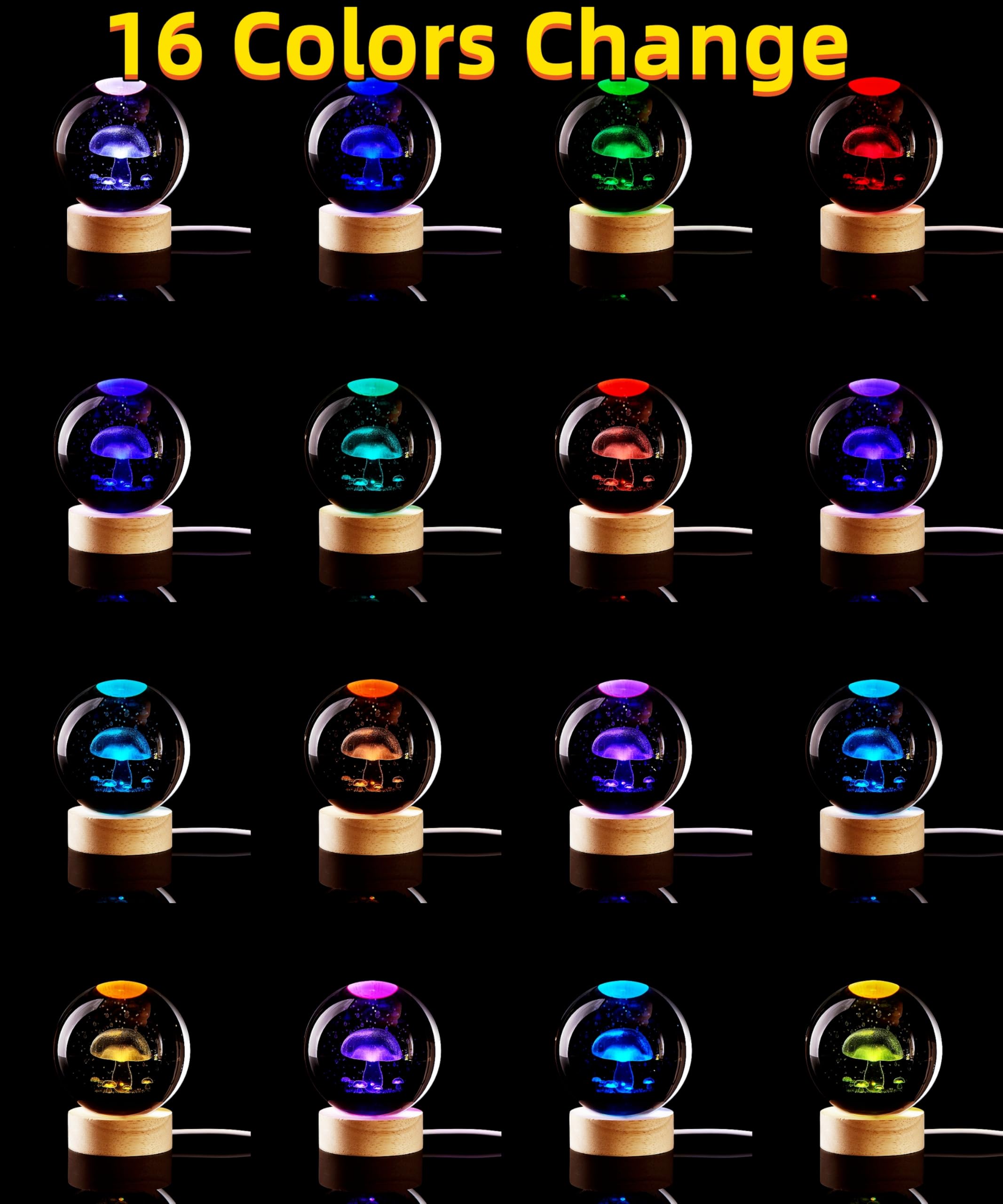 3D Mushroom Crystal Ball Lamp,Lifelike Led Mushroom Night Light,16 Colors Changing Light,Dimmable Remote Control,Desk Lamp (Mush