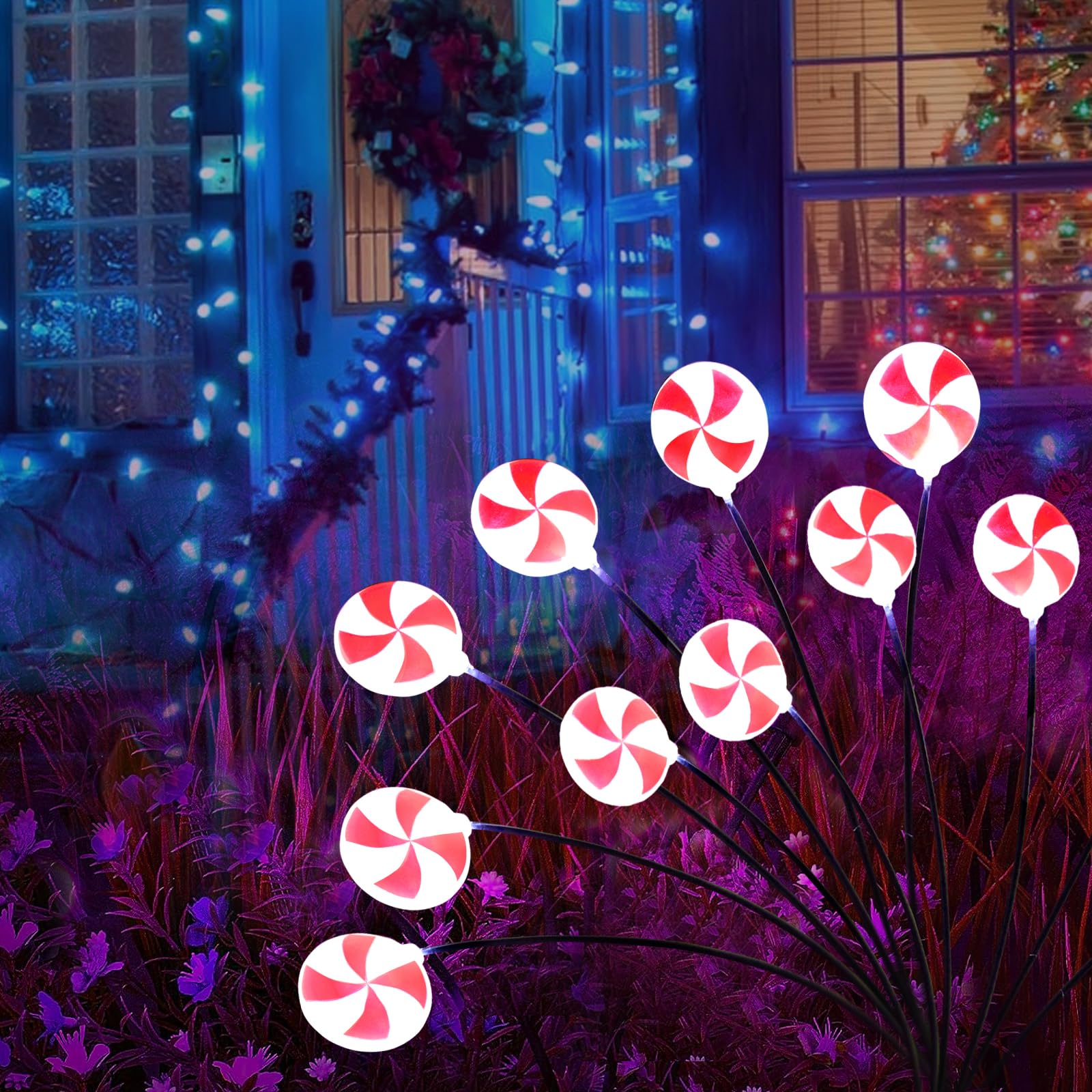 Huyieno Christmas Decorations Outdoor Candy Lights, 4 Packs 32Leds Solar Pathway Lights Swaying By Wind, 2 Modes Waterproof Sola