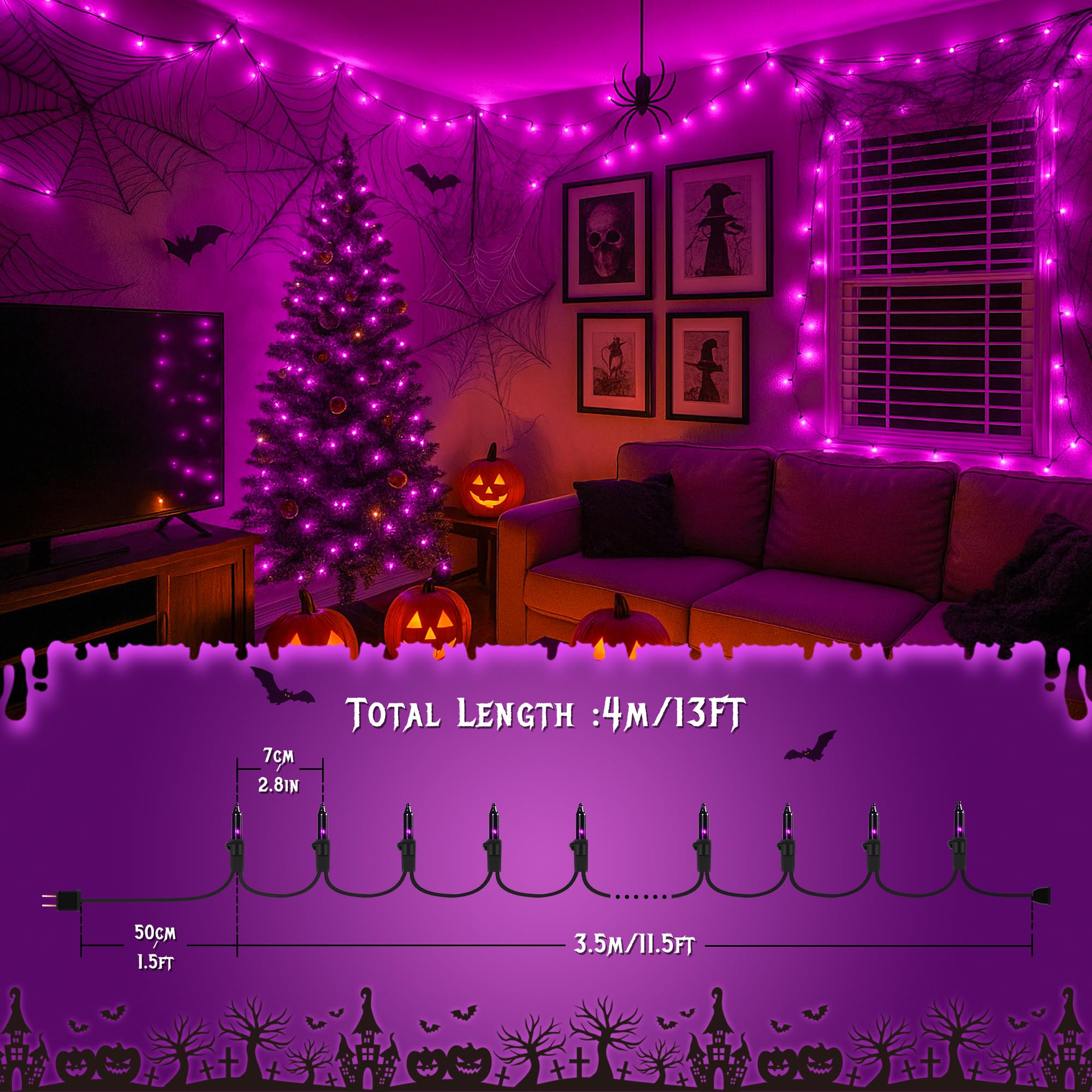 Hopolon Mini Lights, 50 Count 13 FT Incandescent String Lights, Purple, Waterproof Black Wire for Halloween & Christmas D?or