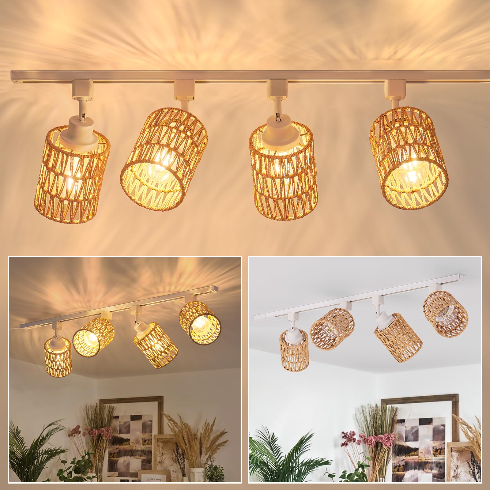 AIBISOD 4-Pack H Track Lighting Heads  Rattan Track Light Heads Fixture for H Type Track Lighting Rail  E26 Flexible Track Light Ceiling Fixtures  Adjustable Modern Track Light for Kitchen  No Bulb