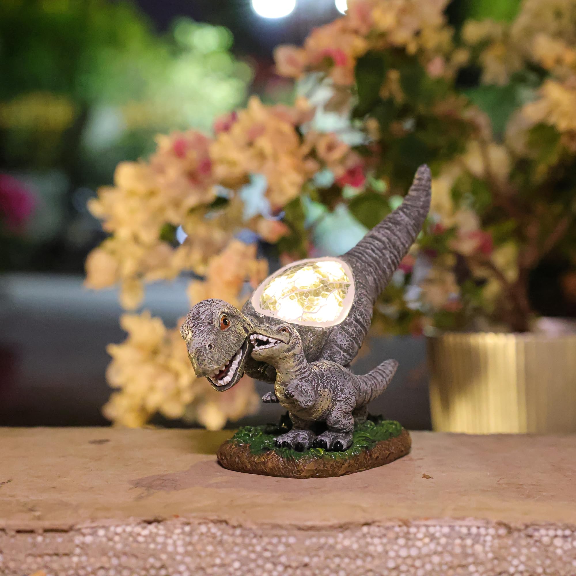 Rezpuao Garden Statue Dinosaur, Solar Light Outdoor Decor, Resin Figurine, Gray, Model CA81401